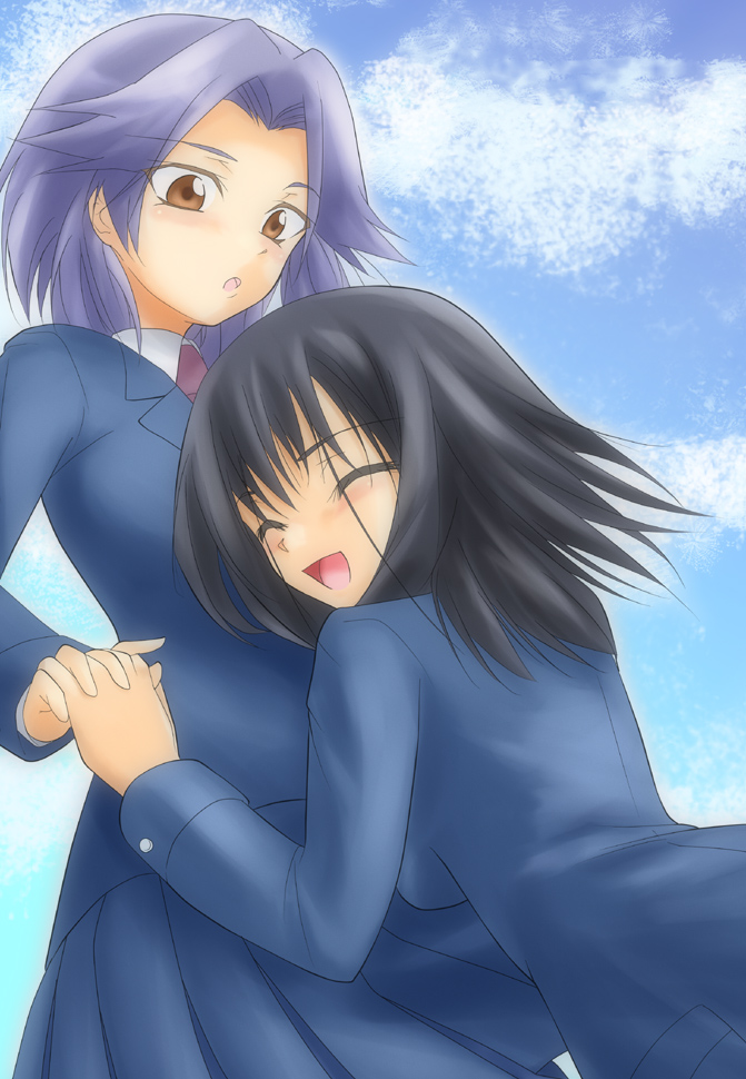 urutsu sahari, kajiki yumi, touyoko momoko, saki (manga), 00s, 2girls, black hair, blazer, blush, brown eyes, closed eyes, holding hands, jacket, multiple girls, necktie, purple hair, school uniform, short hair