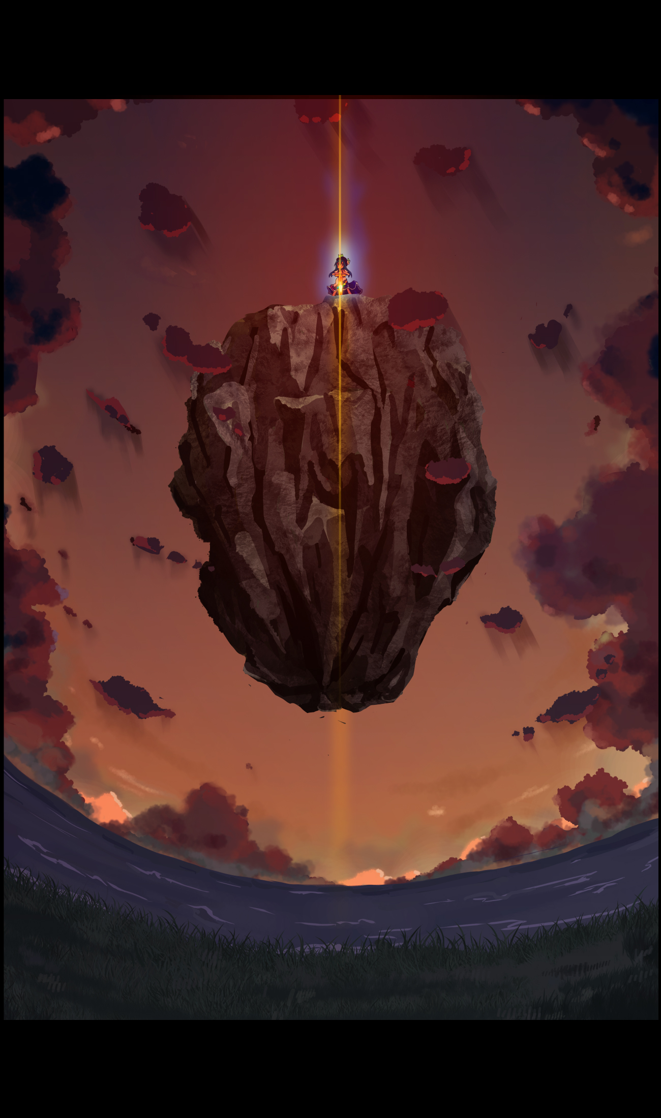 nankyoku, nankyoku (toricchi), hinanawi tenshi, touhou, highres, 1girl, energy sword, epic, female focus, fisheye, floating, floating island, rock, scenery, solo, sword, sword of hisou, weapon