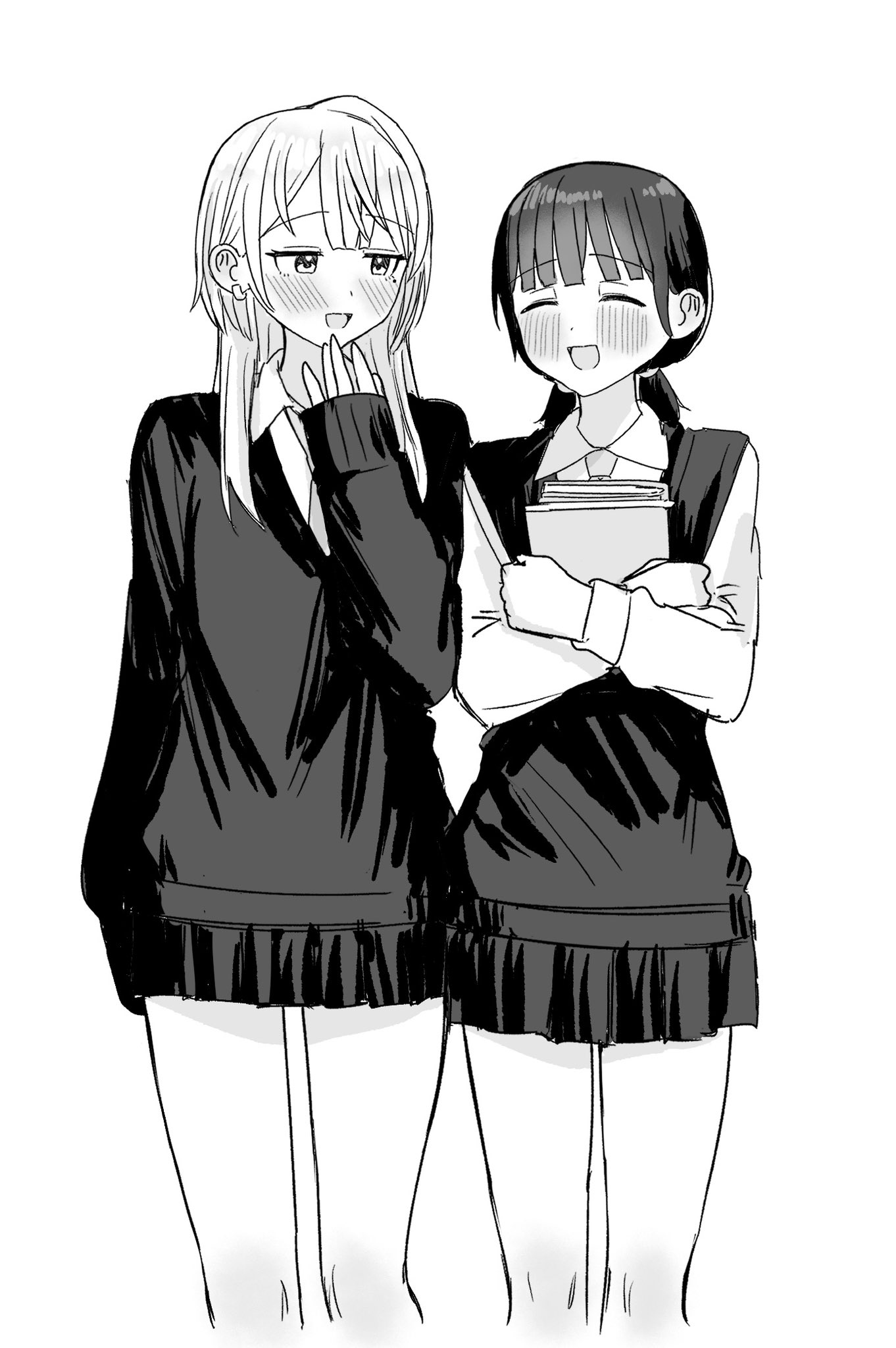 ssrbonknow, original, commentary, highres, symbol-only commentary, 2girls, book, closed eyes, collared shirt, greyscale, hand up, holding, holding book, hugging book, hugging object, long hair, looking at another, mole, mole under eye, monochrome, multiple girls, open mouth, pleated skirt, school uniform, shirt, skirt, smile