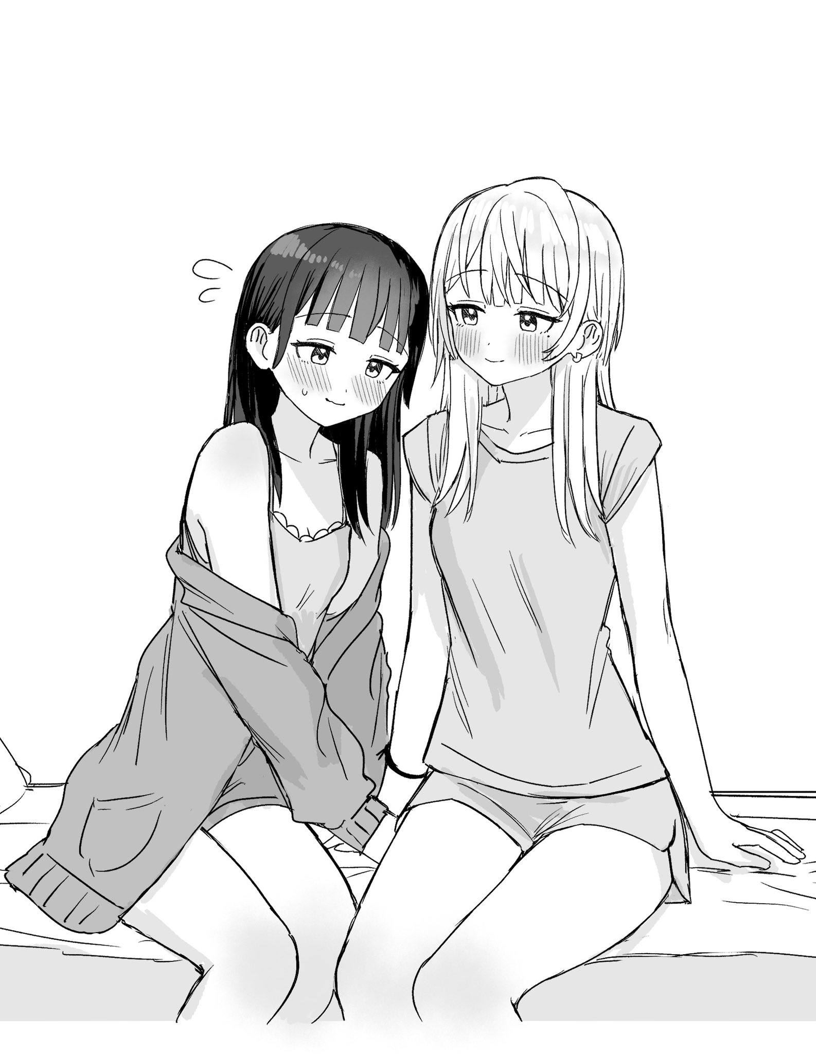 ssrbonknow, original, commentary, highres, symbol-only commentary, 2girls, bare shoulders, blush, closed mouth, earrings, flying sweatdrops, holding hands, jewelry, looking at another, mole, mole under eye, multiple girls, shirt, shorts, sitting, smile, yuri