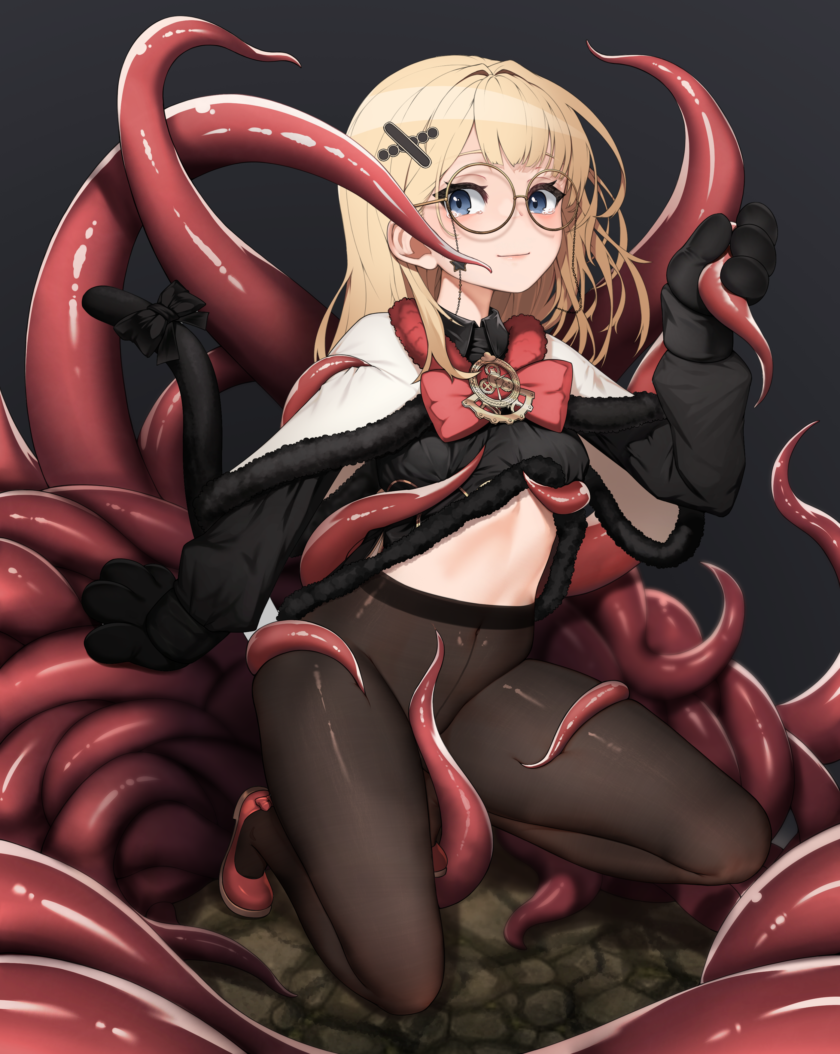 black desert online, absurdres, artist request, commission, highres, second-party source, 1girl, animal hands, artistic error, back bow, black background, black dress, black gloves, black pantyhose, black tail, blonde hair, blue eyes, blush, bow, bowtie, brooch, capelet, cat tail, closed mouth, clothes lift, club (shape), consensual tentacles, covered navel, dress, dress lift, eyewear strap, full body, fur-trimmed capelet, fur-trimmed dress, fur trim, glasses, gloves, grabbing another's breast, groping, hair ornament, jewelry, long hair, long sleeves, looking at viewer, pantyhose, paw gloves, playing card theme, puffy long sleeves, puffy sleeves, red bow, red bowtie, red shoes, round eyewear, shai (black desert), shoes, spade (shape), squatting, stomach, tail, tail bow, tail ornament, tearing up, tentacle between legs, tentacle grab, tentacle pit, tentacles, white capelet, white dress, wing collar, x hair ornament, yellow-framed eyewear