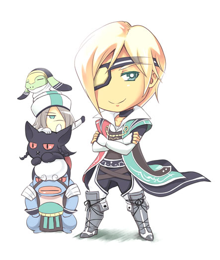souchi, blocter, david nassau, emma honeywell, pagus, torgal, the last remnant, bad id, bad pixiv id, 1boy, 1girl, animal, belt, buckle, cat, chibi, eyepatch, full body, green eyes, looking at viewer, short hair, simple background, white background