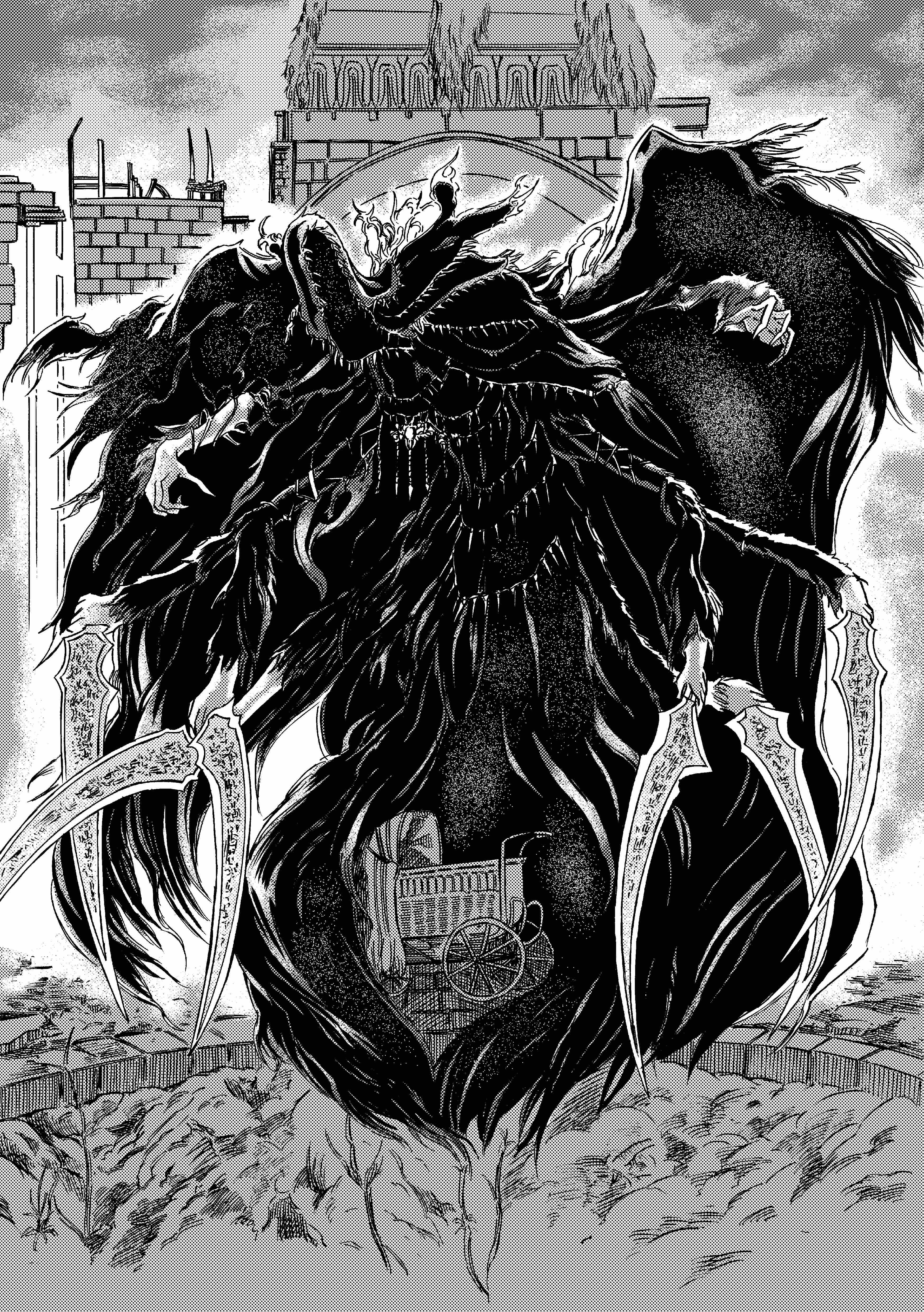 913kousatu, mergo's wet nurse, bloodborne, absurdres, commentary request, highres, 1girl, baby carrier, building, extra arms, full body, greyscale, holding, holding sword, holding weapon, hood, hood up, monochrome, robe, solo, sword, weapon