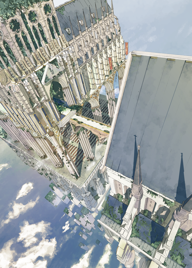 r.s.r., original, bad id, bad pixiv id, architecture, church, cloud, cross, double quatrefoil, floating, flying buttress, gothic architecture, no humans, overgrown, scenery, sky