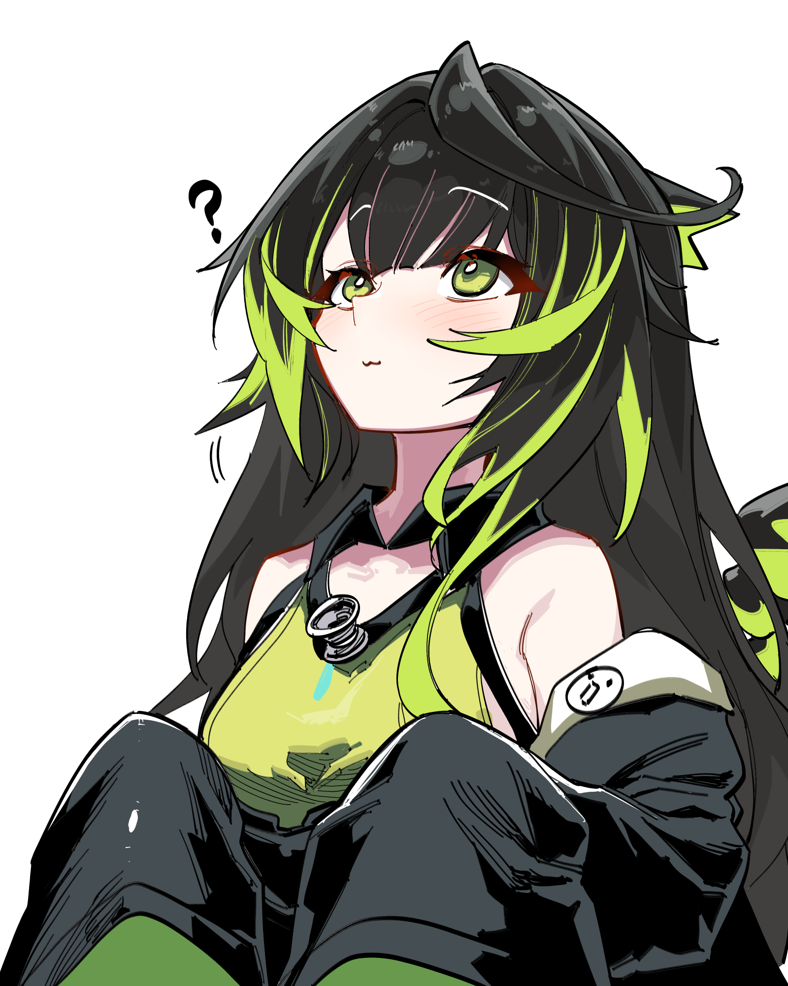 kinbakuman, mon3tr (arknights), arknights, commentary, highres, paid reward available, 1girl, :3, ?, bare shoulders, black hair, black jacket, blush, breasts, closed mouth, emoji, green eyes, green hair, jacket, light smile, long hair, looking up, medium breasts, multicolored hair, off shoulder, simple background, sleeves past fingers, sleeves past wrists, solo, streaked hair, upper body, white background
