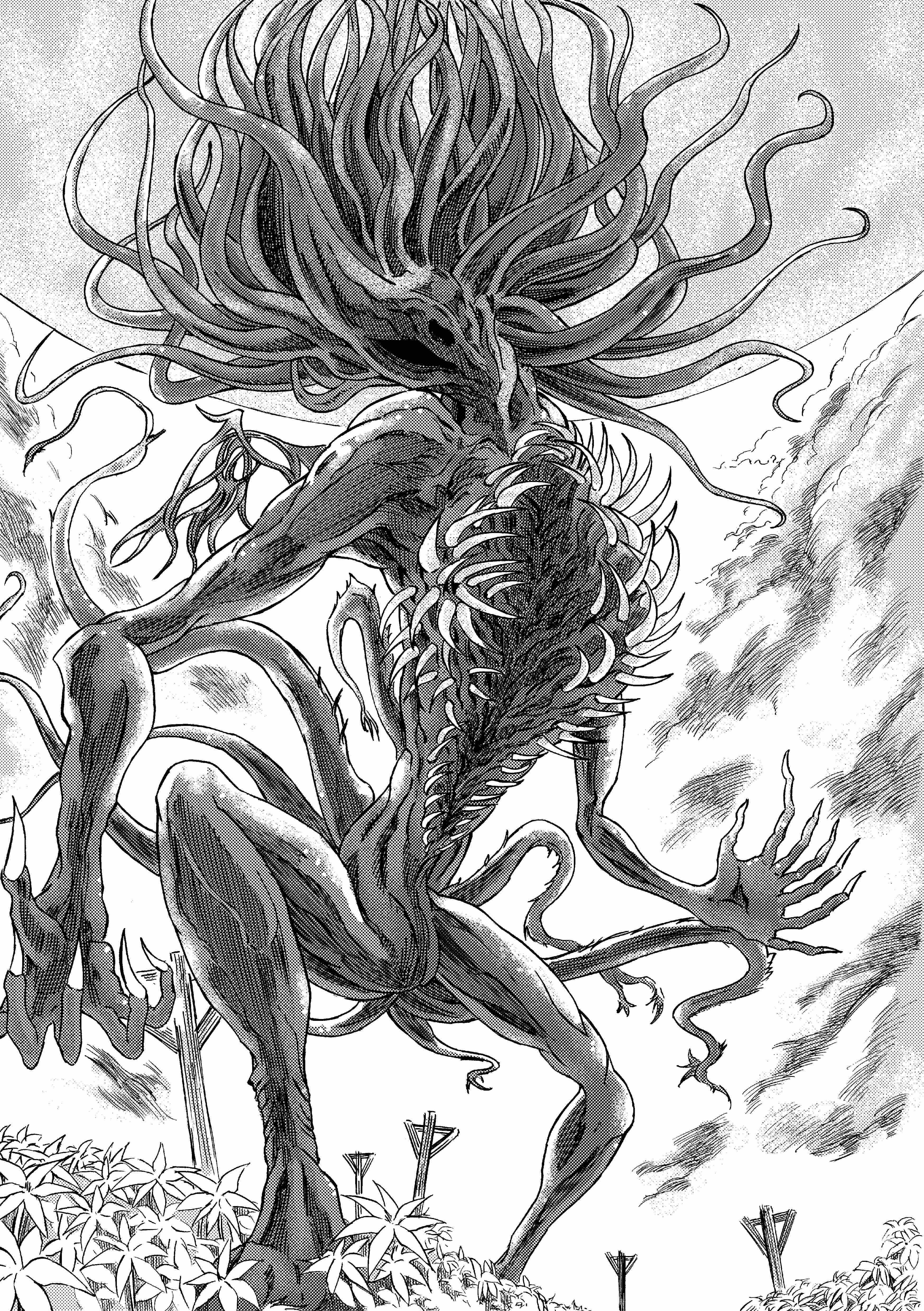 913kousatu, moon presence (bloodborne), bloodborne, absurdres, commentary request, highres, chest mouth, eldritch abomination, flower, full body, greyscale, monochrome, monster, no humans, solo