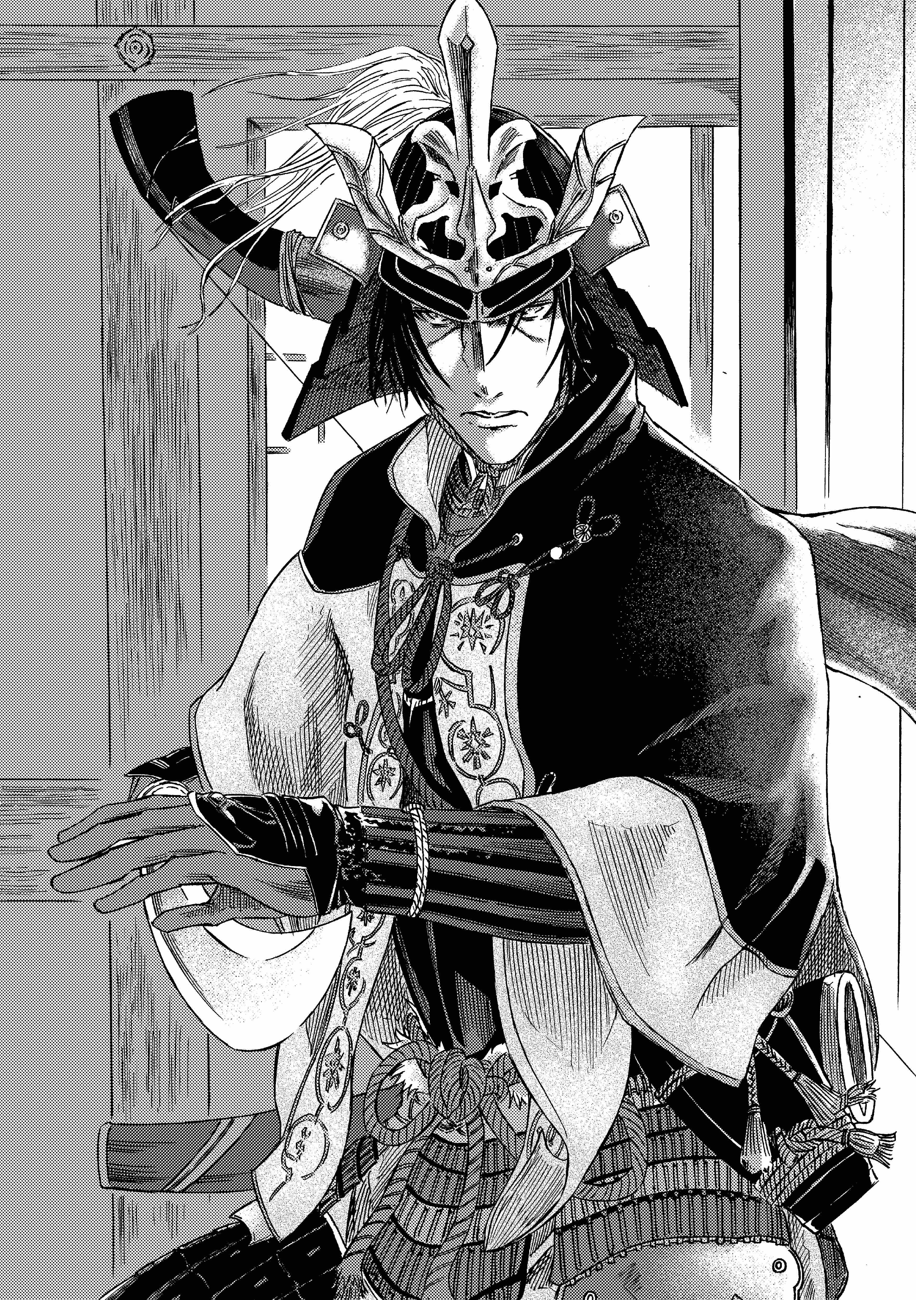 913kousatu, ashina genichirou, sekiro: shadows die twice, absurdres, commentary request, highres, 1boy, armor, capelet, cowboy shot, gauntlets, gloves, greyscale, helmet, japanese armor, kabuto (helmet), looking at viewer, male focus, monochrome, samurai, scabbard, sheath, short hair, solo