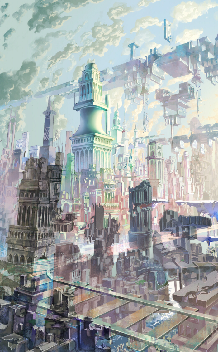 chiari, original, absurdly detailed composition, architecture, city, cityscape, complex exterior, floating, railroad tracks, ruins, scenery