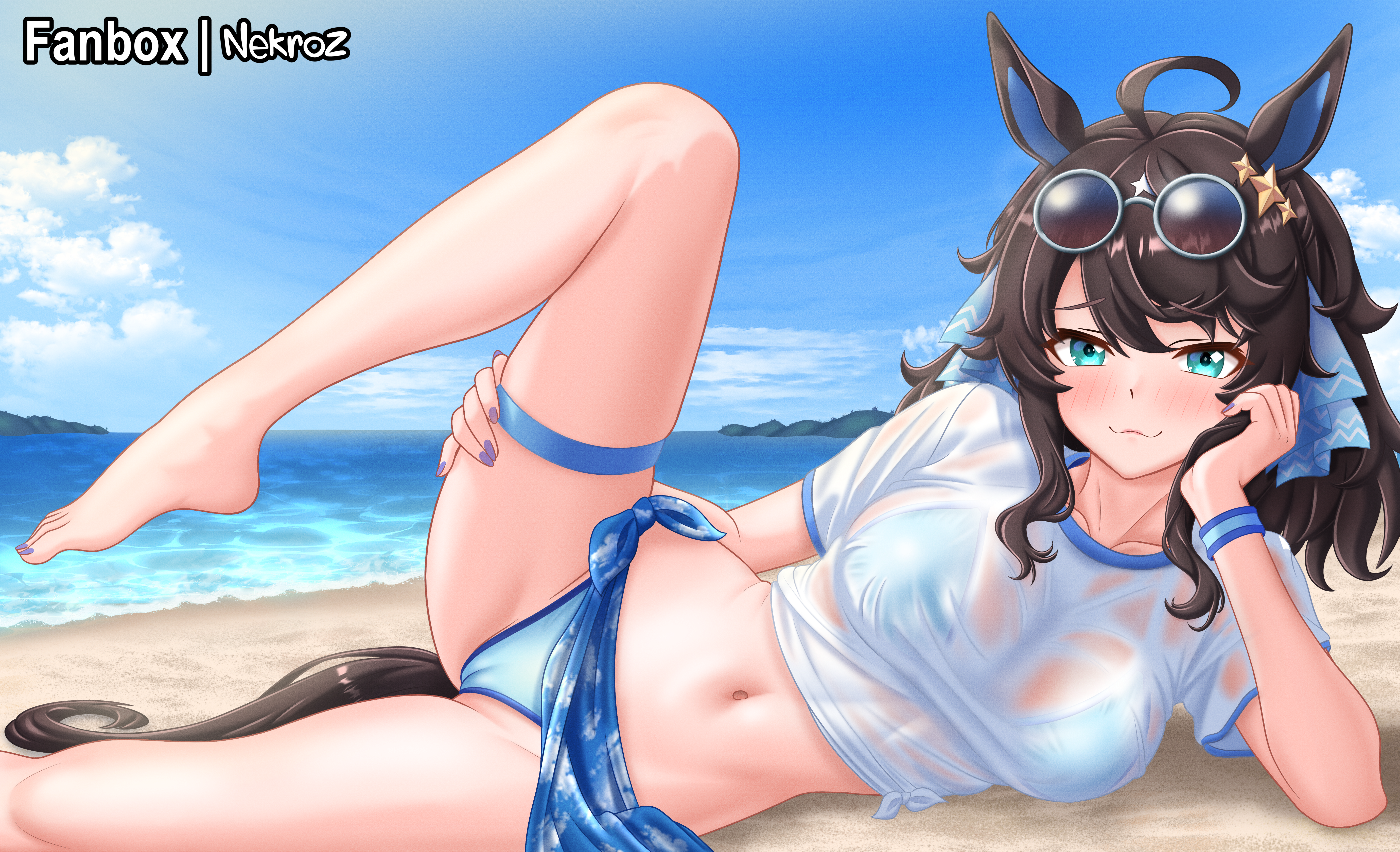 nekroz7, daring tact (umamusume), umamusume, absurdres, highres, 1girl, :3, ahoge, animal ears, barefoot, beach, bikini, black hair, blue bikini, blue eyes, breasts, cameltoe, closed mouth, day, eyewear on head, hair ribbon, horse ears, horse girl, horse tail, large breasts, long hair, lying, nail polish, on side, outdoors, ribbon, sarong, shirt, solo, sunglasses, swimsuit, tail, thigh strap, toenail polish, toenails, white shirt