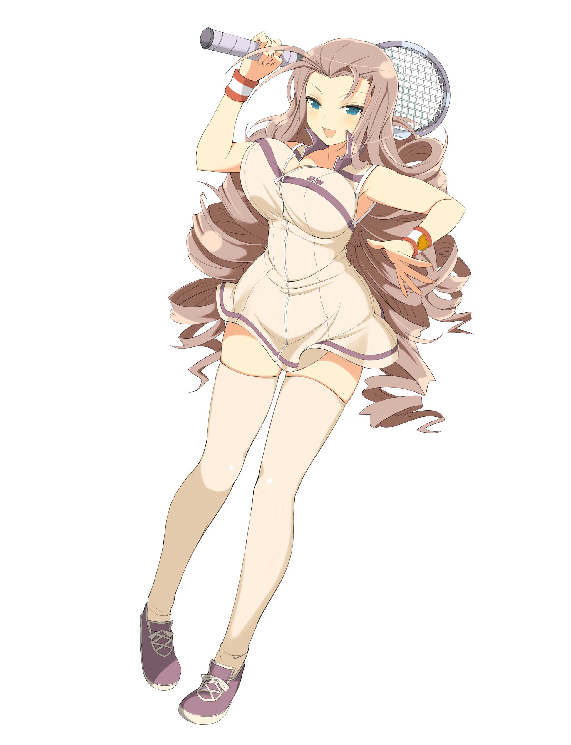 kochou (senran kagura), senran kagura, senran kagura new wave, absurdres, highres, official art, 1girl, :d, antenna hair, arm warmers, blue eyes, blush, breasts, brown dress, brown thighhighs, cleavage, curly hair, dress, drill hair, full body, holding, holding racket, holding tennis racket, large breasts, long hair, open mouth, purple shoes, purple trim, racket, shoes, simple background, smile, sneakers, solo, sportswear, standing, tennis dress, tennis racket, tennis uniform, thighhighs, white background