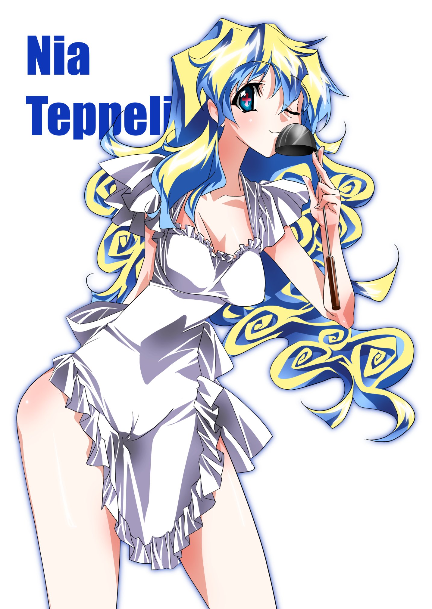 maetaku, nia teppelin, tengen toppa gurren lagann, bad id, bad pixiv id, highres, 00s, apron, cameltoe, ladle, naked apron, one eye closed, solo, wink