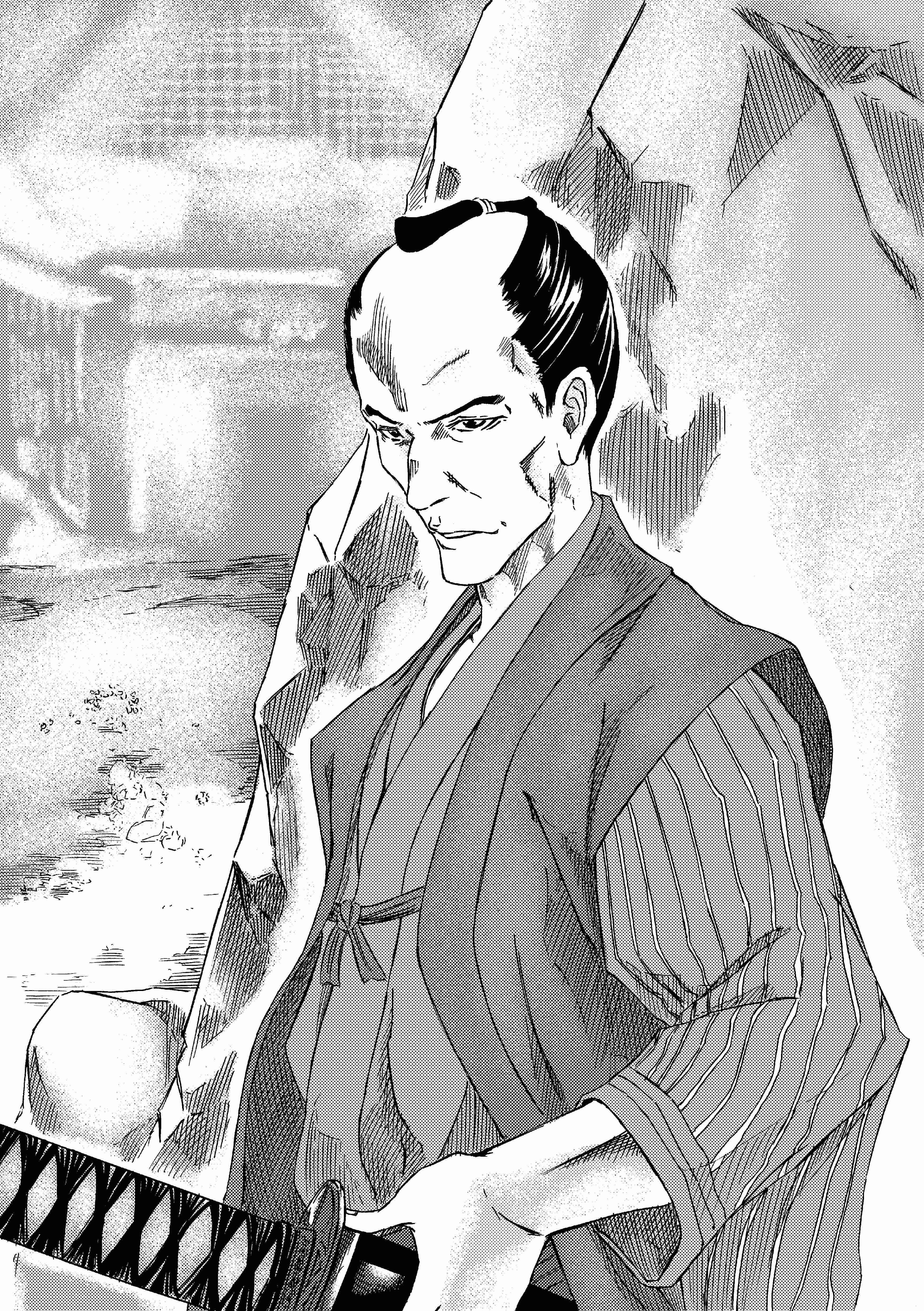 913kousatu, sekiro: shadows die twice, absurdres, commentary request, highres, 1boy, boulder, greyscale, holding, holding sword, holding weapon, katana, looking at viewer, male focus, monochrome, nogami gensai, solo, sword, topknot, upper body, weapon