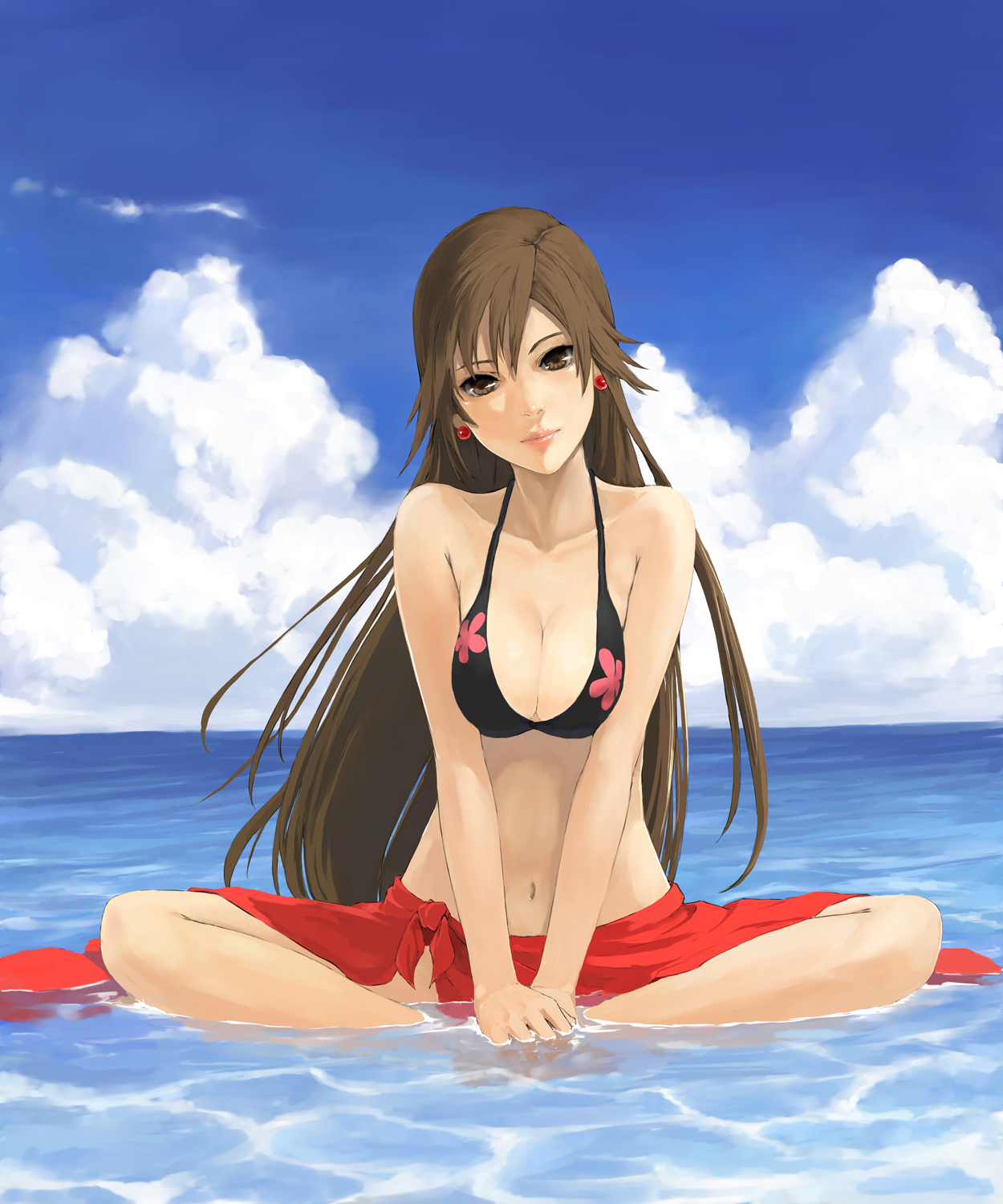 kuroko (piii), akira ferrari, aria (manga), highres, 00s, 1girl, bikini, bikini top only, black bikini, breasts, breasts squeezed together, brown hair, cleavage, cloud, day, earrings, female focus, floral print, hands on feet, jewelry, lips, long hair, looking at viewer, medium breasts, navel, partially submerged, sarong, sitting, sky, solo, swimsuit, water