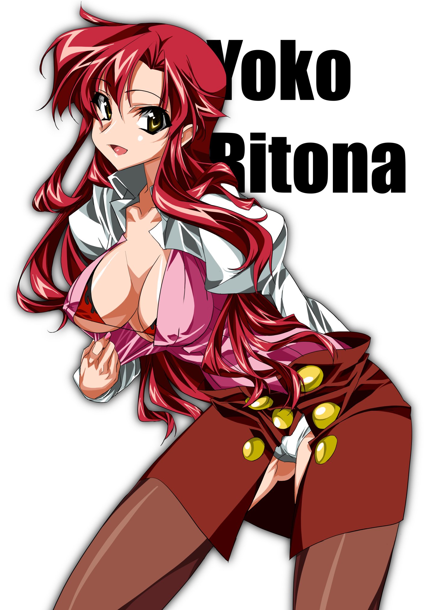 maetaku, yoko littner, yomako, tengen toppa gurren lagann, bad id, bad pixiv id, highres, 00s, 1girl, aged up, alternate hairstyle, bikini, bikini top only, breasts, cameltoe, covered erect nipples, downblouse, female focus, hair down, long hair, nail polish, open clothes, open shirt, panties, pink nails, red hair, shirt, solo, swimsuit, thighhighs, underwear, yellow eyes