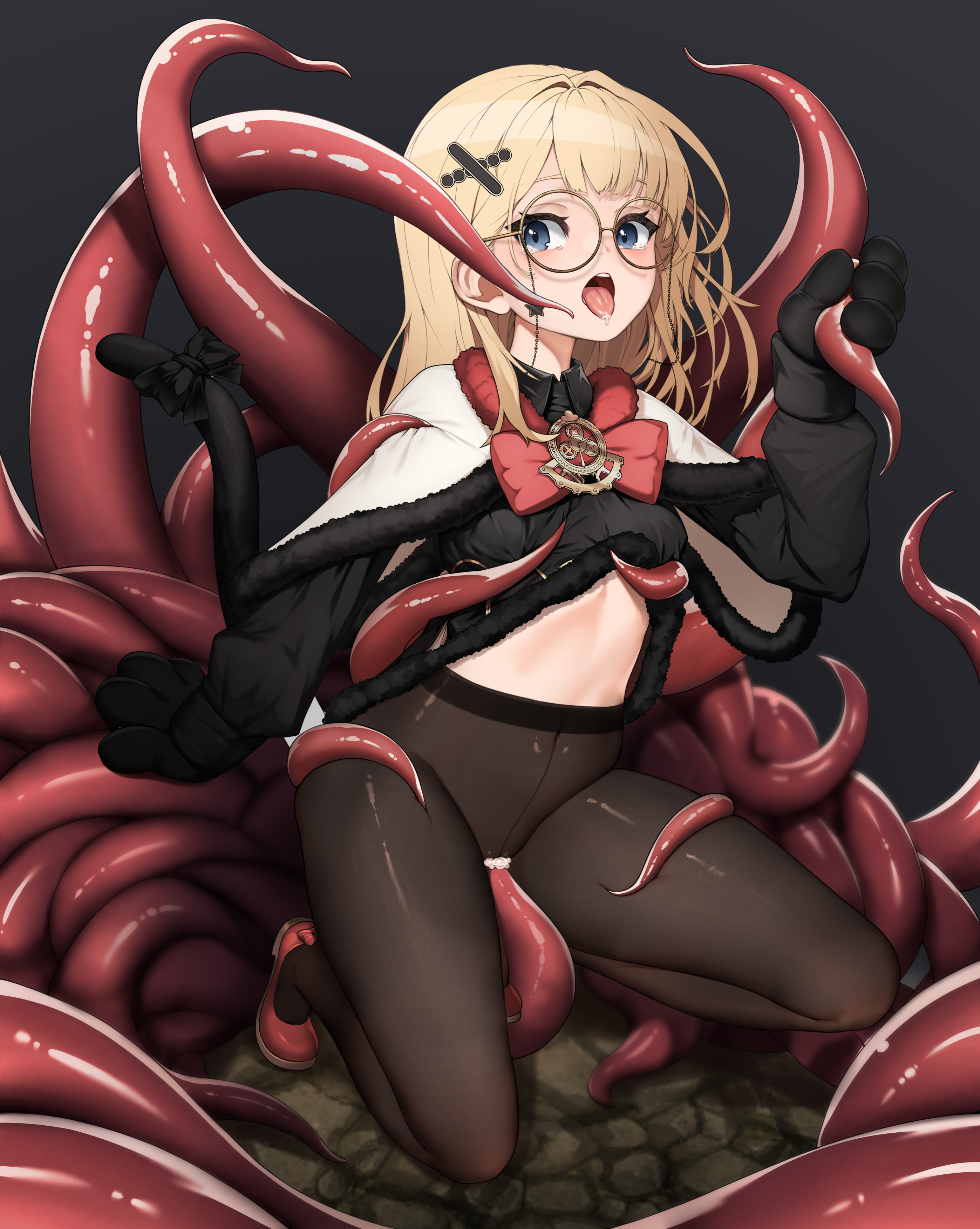 black desert online, absurdres, artist request, commission, highres, second-party source, 1girl, animal hands, artistic error, back bow, black background, black dress, black gloves, black pantyhose, black tail, blonde hair, blue eyes, blush, bow, bowtie, brooch, cameltoe, capelet, cat tail, clothes lift, club (shape), consensual tentacles, covered navel, dress, dress lift, eyewear strap, full body, fur-trimmed capelet, fur-trimmed dress, fur trim, glasses, gloves, grabbing another's breast, grinding, groping, hair ornament, imminent penetration, jewelry, long hair, long sleeves, looking at viewer, open mouth, pantyhose, paw gloves, playing card theme, puffy long sleeves, puffy sleeves, red bow, red bowtie, red shoes, round eyewear, saliva, shai (black desert), shoes, spade (shape), squatting, stomach, tail, tail bow, tail ornament, tearing up, tentacle between legs, tentacle grab, tentacle pit, tentacles, tongue, tongue out, white capelet, white dress, wing collar, x hair ornament, yellow-framed eyewear