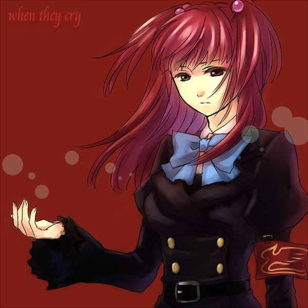 jiroichi, ushiromiya ange, umineko no naku koro ni, bad id, bad pixiv id, 00s, 1girl, armband, belt, blue eyes, female focus, frills, hair bobbles, hair ornament, jacket, long hair, red hair, ribbon, solo, twintails, two side up