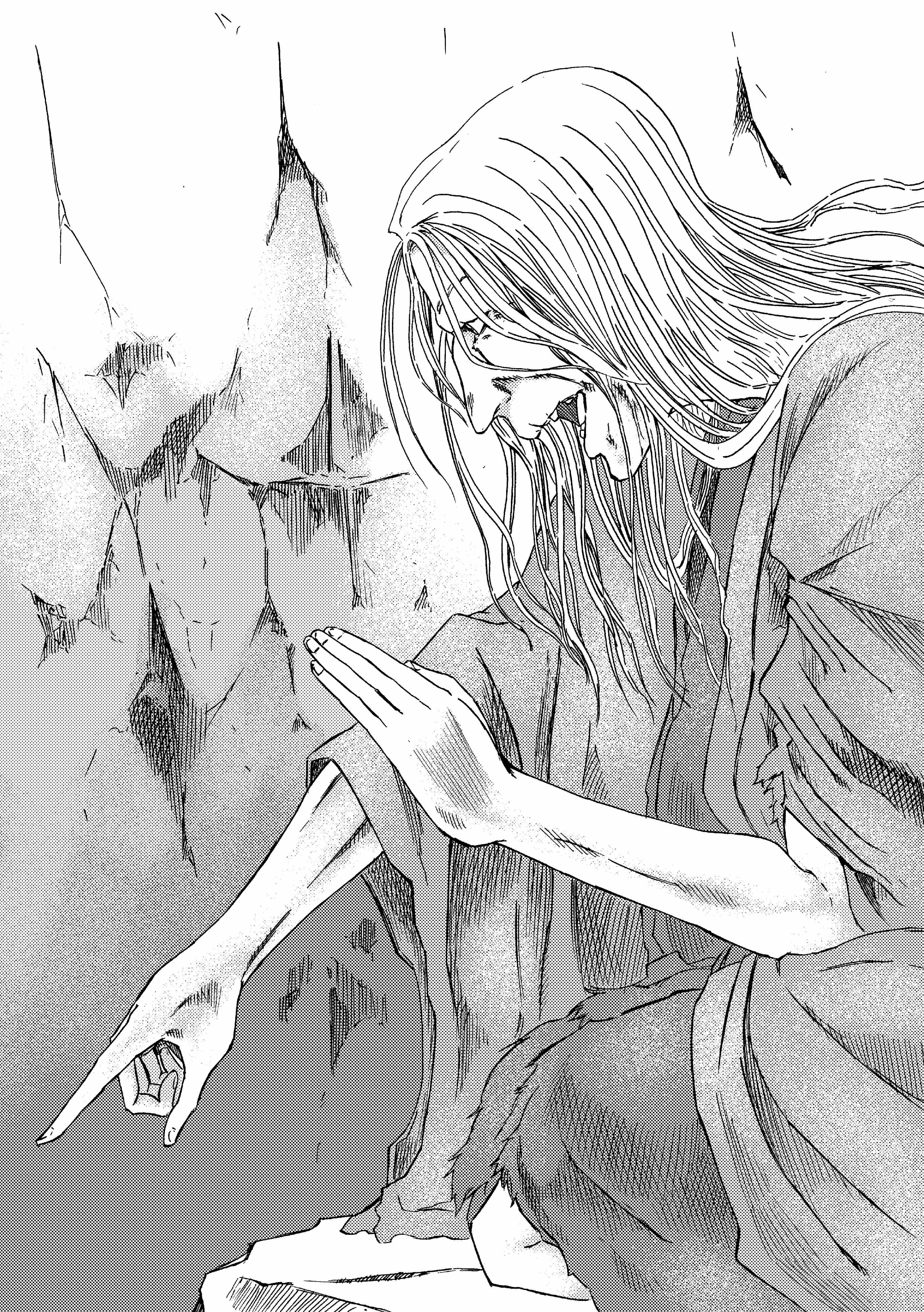 913kousatu, sekiro: shadows die twice, absurdres, highres, 1girl, from side, full body, greyscale, long hair, monochrome, old, old hag, old woman, open mouth, pointing, solo