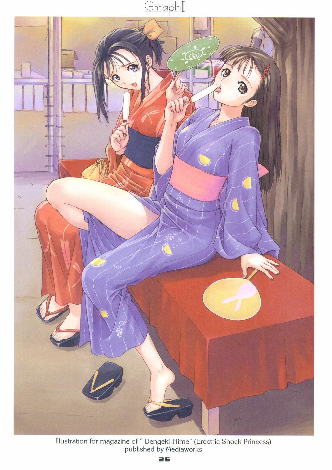 tony taka, original, highres, scan, 2girls, barefoot, bench, black hair, blue eyes, brown eyes, brown hair, clog sandals, feet, festival, food, hand fan, holding, holding fan, japanese clothes, kimono, legs, long hair, long legs, multiple girls, okobo, paper fan, platform sandals, popsicle, sandals, shoes, short hair, single shoe, sitting, toes, uchiwa