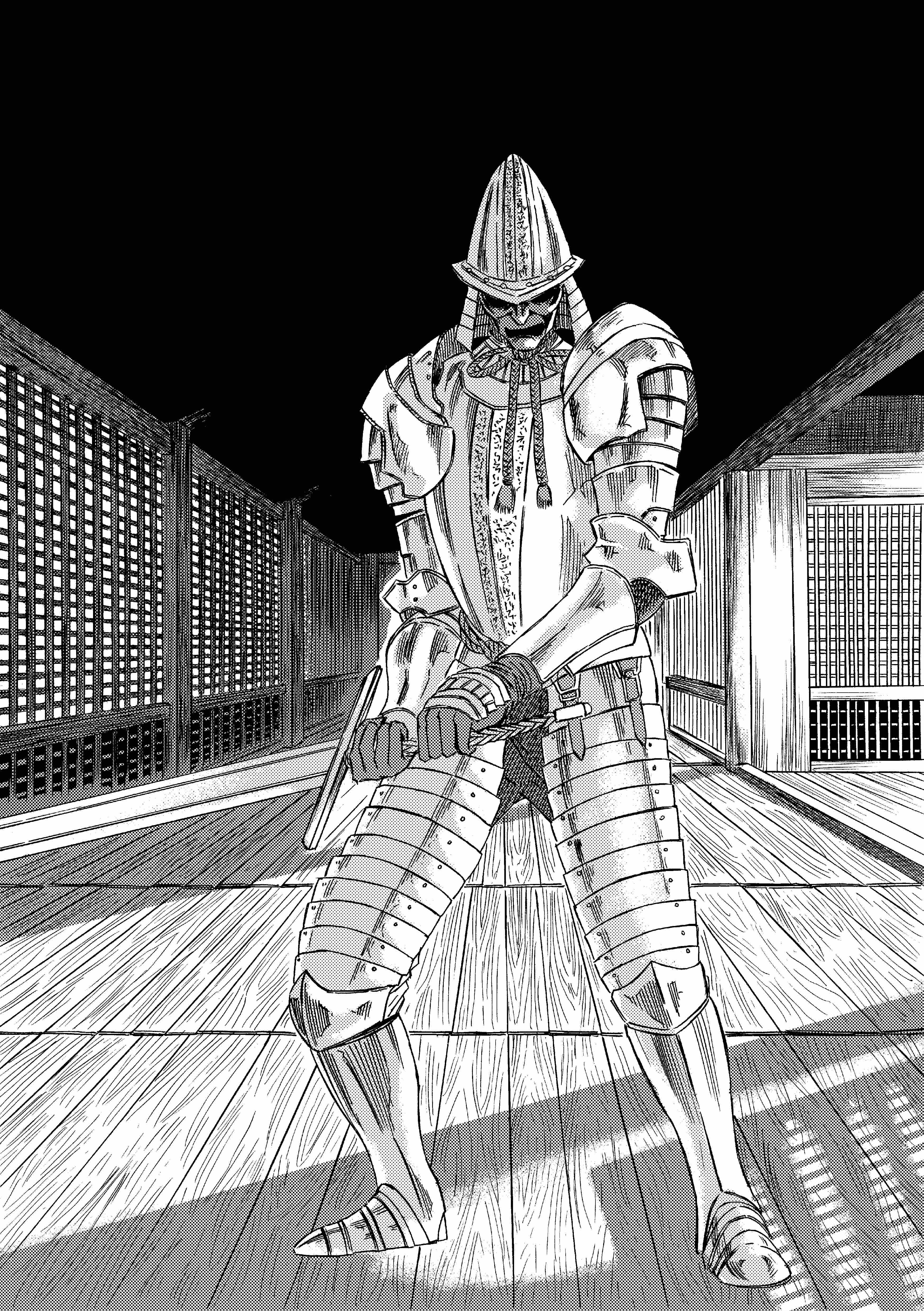 913kousatu, sekiro: shadows die twice, absurdres, commentary request, highres, 1boy, architecture, armor, armored boots, armored warrior (sekiro), boots, breastplate, east asian architecture, full body, greyscale, helmet, holding, holding sword, holding weapon, indoors, looking at viewer, male focus, mask, masked, monochrome, open mouth, pauldrons, shoulder armor, solo, standing, sword, weapon