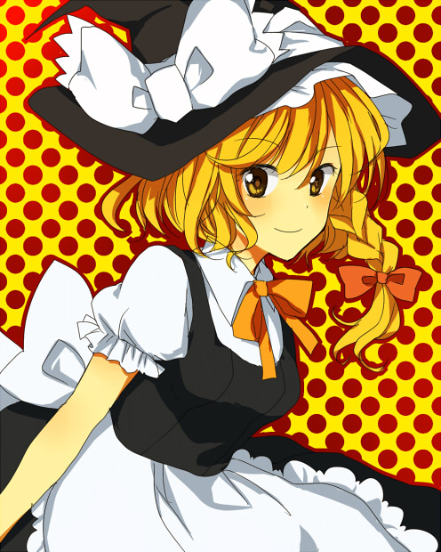 kutsushita, kutsushita (tokati r), kirisame marisa, touhou, bad id, bad pixiv id, 1girl, apron, blonde hair, braid, female focus, hair ornament, hair ribbon, hat, long hair, neck ribbon, polka dot, polka dot background, ribbon, smile, solo, waist apron, witch, witch hat, yellow eyes