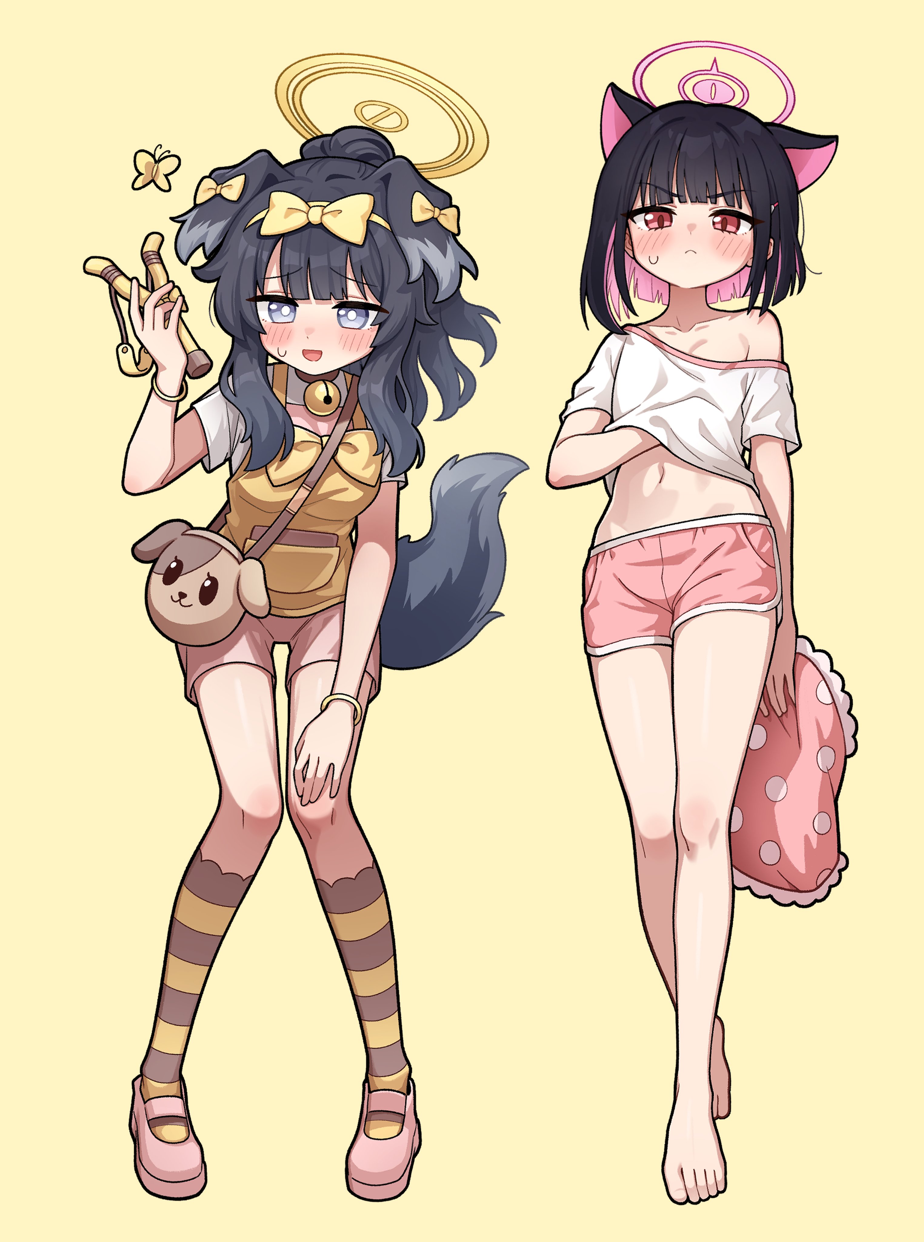 golmonggu, butter (trickcal), hibiki (blue archive), hibiki (cheer squad) (blue archive), kazusa (blue archive), kommy (trickcal), blue archive, trickcal, absurdres, commentary request, highres, korean commentary, 2girls, ahoge, animal ear fluff, animal ears, bare shoulders, barefoot, bell, black hair, black hoodie, blue eyes, blush, bow, butter (trickcal) (cosplay), cat choker, cat ears, cat girl, cat tail, chibi, choker, colored inner animal ears, colored inner hair, cosplay, costume switch, crossover, dog ears, dog girl, dog tail, double-parted bangs, droopy ears, extra ears, eyewear on head, fang, feet, floppy ears, full body, goggles, goggles on head, green sailor collar, hair bow, hair ornament, halo, hand under clothes, hand under shirt, holding, holding pom poms, hood, hoodie, jacket, jingle bell, kommy (trickcal) (cosplay), long hair, long sleeves, multicolored hair, multiple girls, navel, neck bell, neckerchief, open mouth, pink hair, pink halo, pink neckerchief, pink shorts, pom pom (cheerleading), pom poms, red eyes, ribbon, sailor collar, scratching chest, shirt, short hair, short sleeves, shorts, simple background, skirt, slingshot (weapon), species connection, striped clothes, striped thighhighs, tail, thighhighs, toes, two-tone hair, white shirt, yellow background, yellow halo, yellow ribbon, yellow shirt