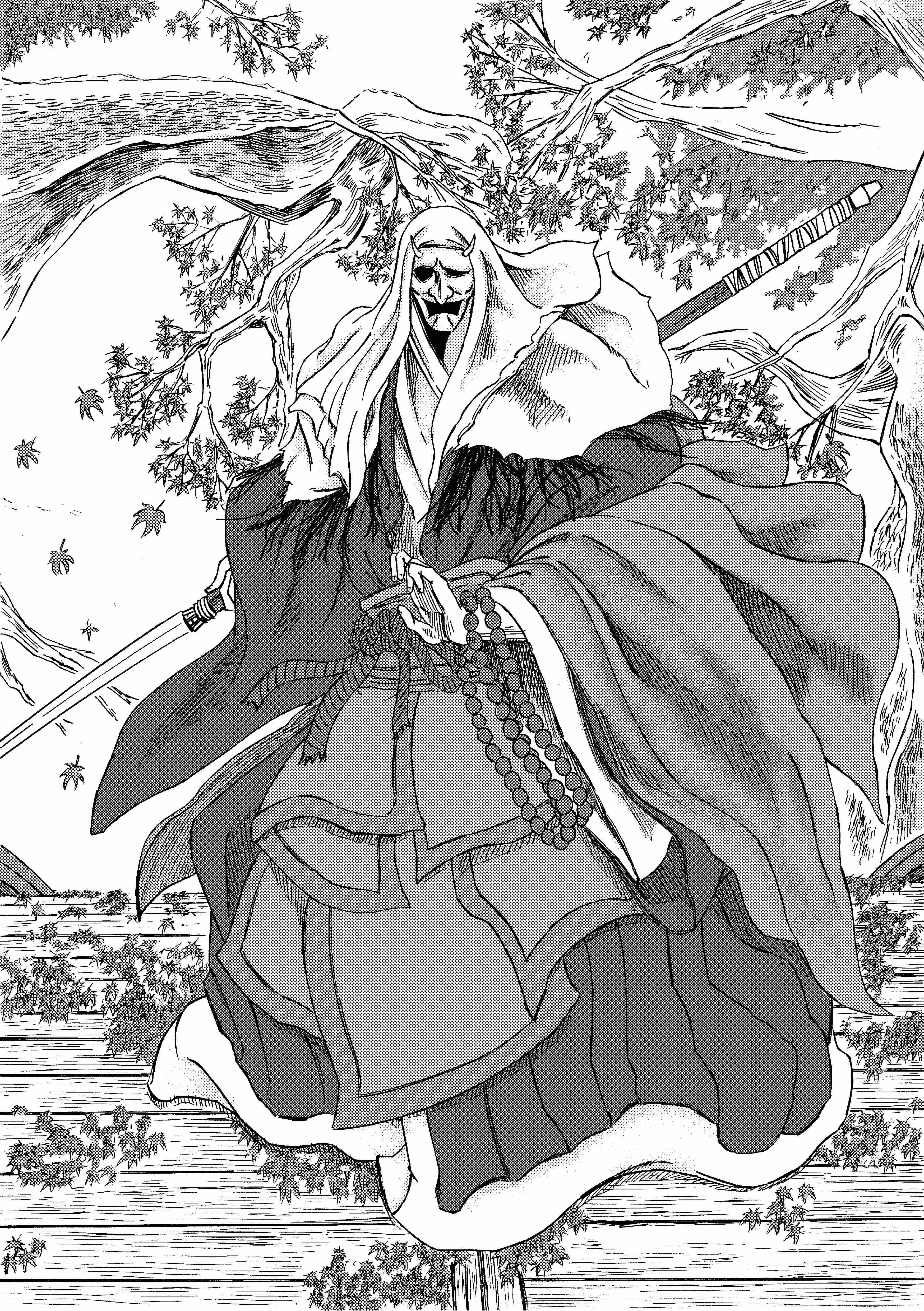 913kousatu, corrupted monk, sekiro: shadows die twice, absurdres, commentary request, highres, 1girl, bead necklace, beads, full body, greyscale, holding, holding polearm, holding weapon, japanese clothes, jewelry, kimono, long sleeves, looking at viewer, mask, masked, monochrome, naginata, necklace, oni mask, polearm, rope belt, solo, standing, tree, weapon, wide sleeves