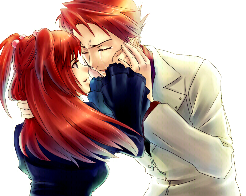 jiroichi, ushiromiya ange, ushiromiya battler, umineko no naku koro ni, bad id, bad pixiv id, spoilers, 00s, blue eyes, brother and sister, closed eyes, family bonding, hair bobbles, hair ornament, hands on another's face, jacket, necktie, red hair, sad, short hair, siblings, tears, twintails