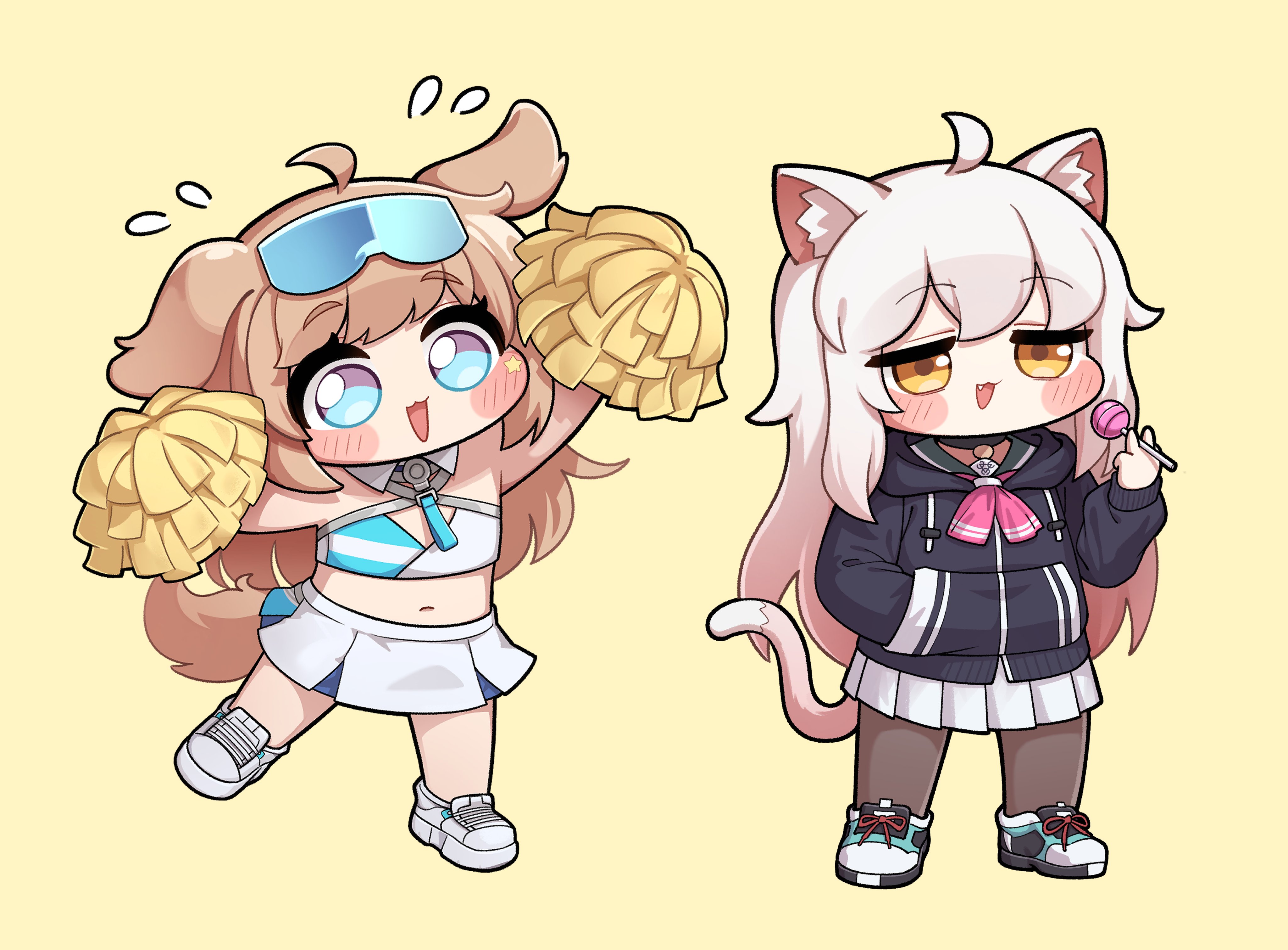 golmonggu, butter (trickcal), hibiki (blue archive), hibiki (cheer squad) (blue archive), kazusa (blue archive), kommy (trickcal), blue archive, trickcal, absurdres, commentary request, highres, korean commentary, 2girls, :3, ahoge, animal ear fluff, animal ears, bare shoulders, black choker, black hoodie, blue eyes, blush, brown eyes, brown hair, cat choker, cat ears, cat girl, cat tail, cheerleader, chibi, choker, colored inner animal ears, cosplay, costume switch, crossover, diyap (style), dog ears, dog girl, dog tail, droopy ears, eyewear on head, fang, floppy ears, full body, goggles, goggles on head, hibiki (blue archive) (cosplay), holding, holding pom poms, hood, hoodie, jacket, kazusa (blue archive) (cosplay), long hair, long sleeves, millennium cheerleader outfit (blue archive), multiple girls, navel, neckerchief, open mouth, pink neckerchief, pom pom (cheerleading), pom poms, ribbon, sailor collar, shirt, simple background, skirt, species connection, striped clothes, tail, thighhighs, white hair, white shirt, white skirt, yellow background