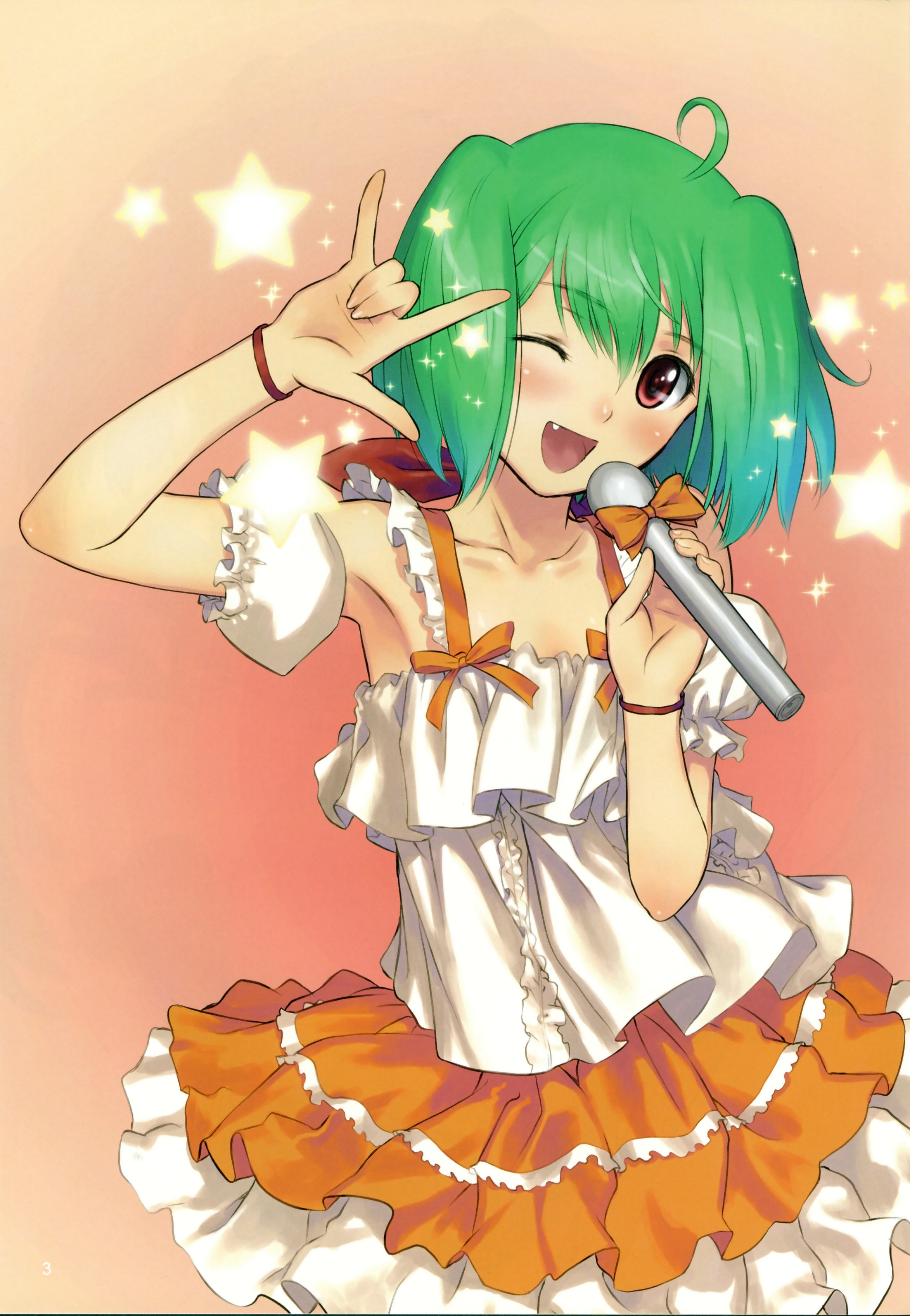 tony taka, ranka lee, macross, macross frontier, absurdres, highres, 00s, 1girl, ;d, m/, ahoge, armpits, bare shoulders, blush, collarbone, dress, fang, female focus, fingernails, frills, green hair, head tilt, holding, looking at viewer, microphone, music, one eye closed, open mouth, orange skirt, red eyes, ribbon, seikan hikou, short hair, singing, skirt, smile, solo, sparkle, standing, star (symbol), wink, wrist ribbon