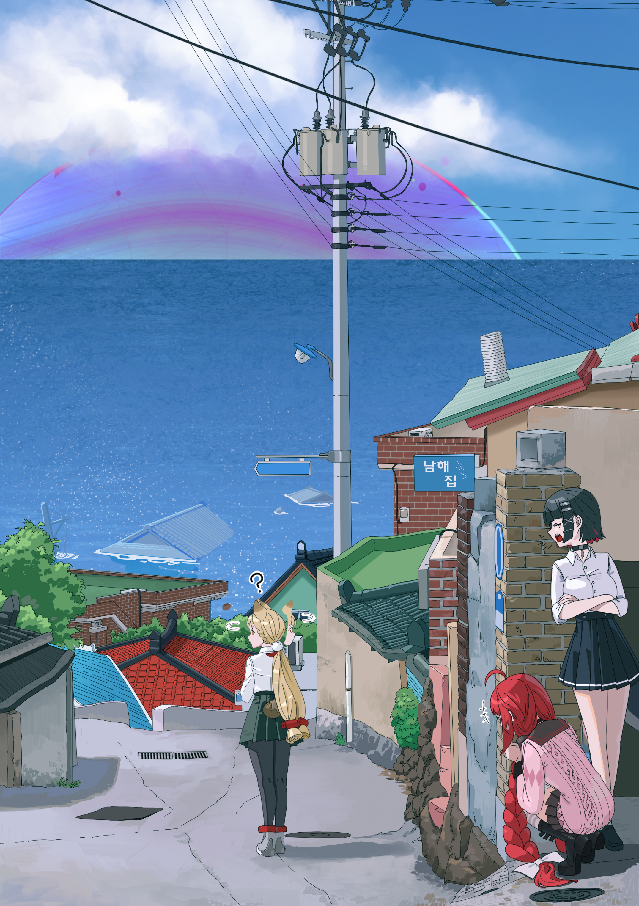 midfinger, alice thymefield, ellen joe, ellen joe (on campus), ukinami yuzuha, zenless zone zero, absurdres, highres, +++, 3girls, ?, afterimage, ahoge, animal ears, black boots, black choker, black hair, black pantyhose, blonde hair, blue skirt, blue sky, boots, braid, braided twintails, building, cardigan, choker, closed eyes, cloud, colored inner hair, crossed arms, day, fins, fish tail, from behind, full body, green skirt, hair ornament, hair ribbon, hiding, hollow (zenless zone zero), house, long hair, low twintails, mole, mole under eye, motion lines, multicolored hair, multiple girls, ocean, official alternate costume, open mouth, outdoors, pantyhose, peeking out, pendant choker, pink cardigan, rabbit ears, rabbit girl, rabbit tail, razor blade hair ornament, red eyes, red hair, ribbon, searching, shark girl, shark tail, sharp teeth, shirt, shirt tucked in, short hair, sign, skirt, sky, sleeves rolled up, sphere hair ornament, squatting, tail, tears, teeth, twintails, water, white ribbon, white shirt, yawning