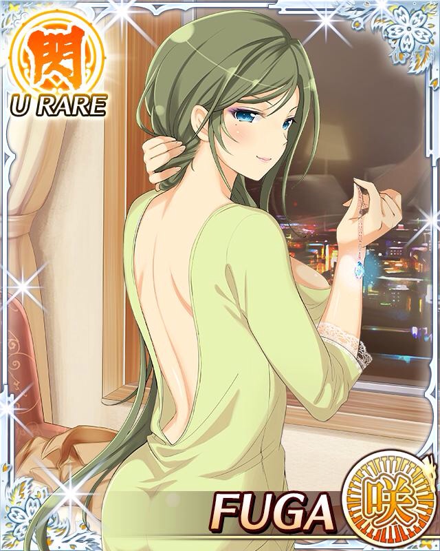 fuga (senran kagura), senran kagura, senran kagura new wave, game cg, official art, 1girl, adjusting hair, backless dress, backless outfit, blue eyes, border, breasts, card (medium), character name, cityscape, come hither, dress, english text, from behind, green dress, green hair, indoors, jewel under eye, jewelry, large breasts, long hair, looking at viewer, looking back, mole, mole under eye, night, night sky, official alternate costume, sky, smile, solo, swept bangs, window, zipper