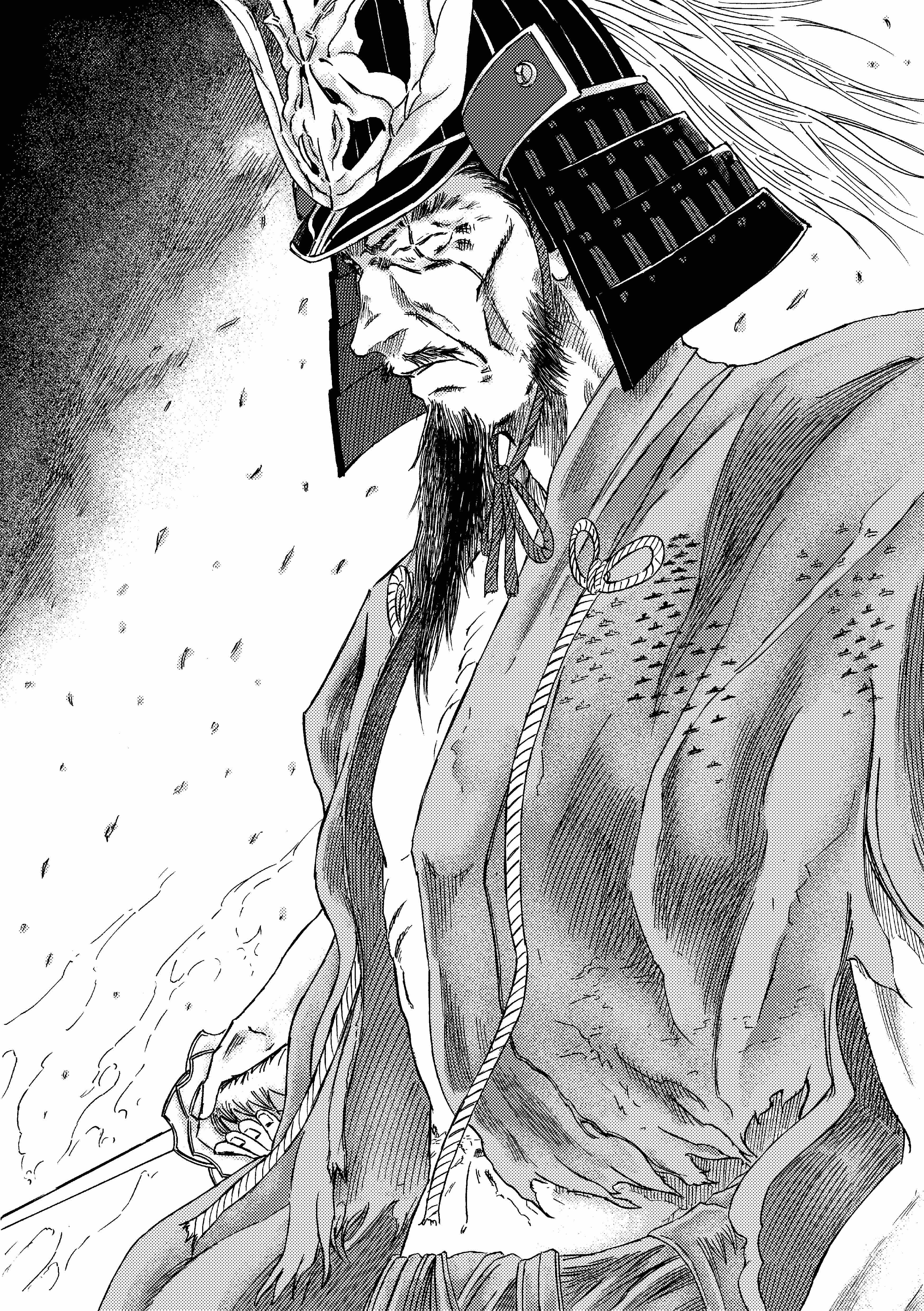 913kousatu, ashina isshin, sekiro: shadows die twice, absurdres, commentary request, highres, 1boy, armor, beard, closed eyes, closed mouth, facial hair, greyscale, helmet, holding, holding sword, holding weapon, japanese armor, japanese clothes, kabuto (helmet), katana, kimono, male focus, monochrome, mustache, solo, sword, upper body, weapon