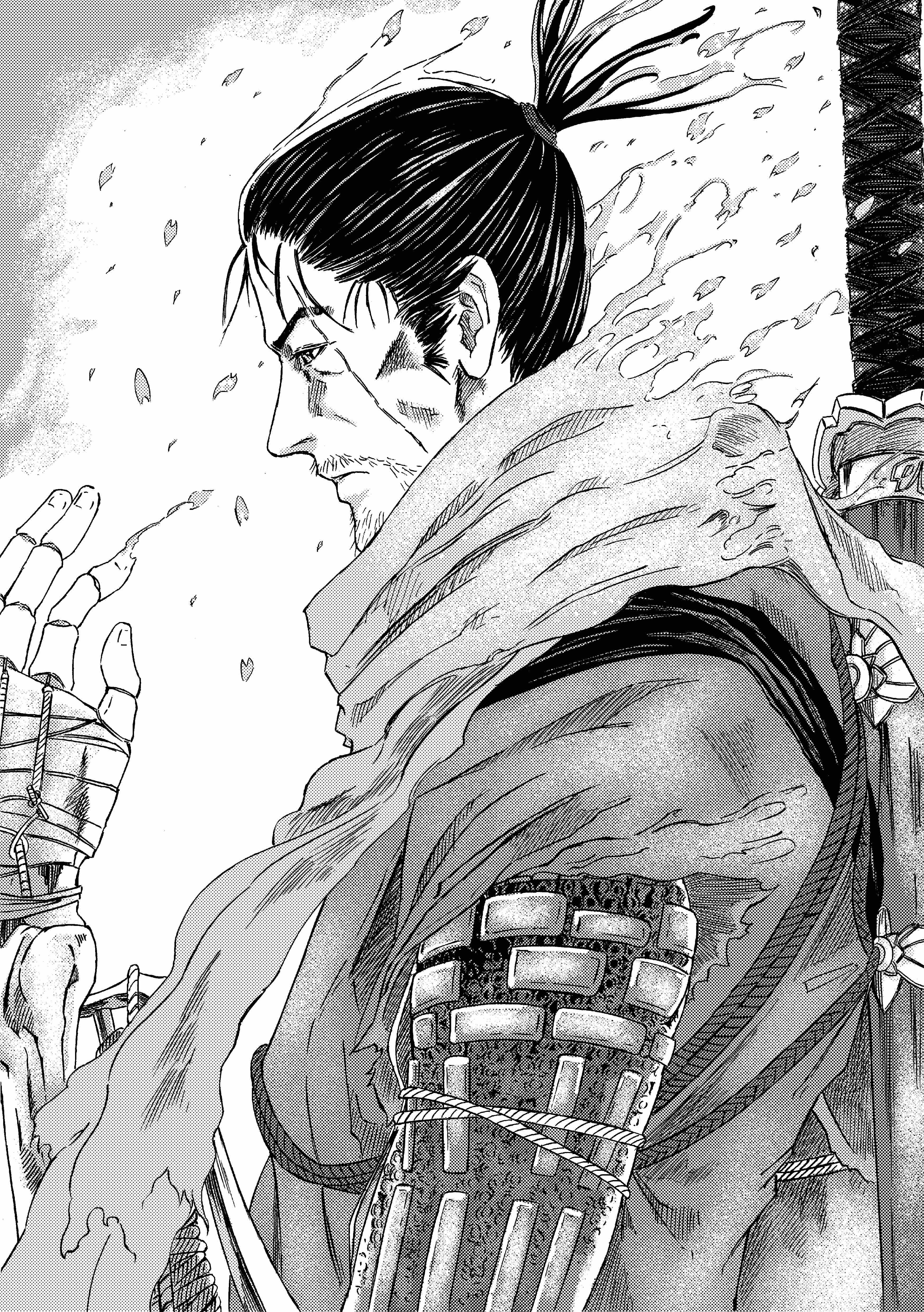 913kousatu, sekiro, sekiro: shadows die twice, absurdres, commentary request, highres, 1boy, closed mouth, doll joints, facial hair, from side, greyscale, joints, male focus, monochrome, mustache, profile, scar, scar across eye, scar on face, scarf, solo, torn clothes, torn scarf, upper body