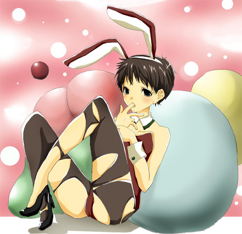 ikari shinji, neon genesis evangelion, lowres, 1boy, animal ears, blush, brown hair, crossdressing, crossdressing (mtf), detached collar, fake animal ears, high heels, licking, male focus, pantyhose, playboy bunny, rabbit, rabbit ears, saliva, shoes, sitting, solo, torn clothes, torn pantyhose, trap, wrist cuffs