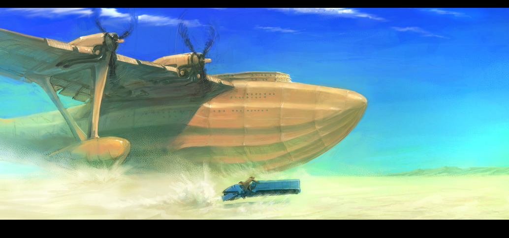 asterisk kome, original, 1boy, aircraft, airplane, airship, desert, flying, flying boat, hover bike, letterboxed, mountain, scenery, seaplane, vehicle focus