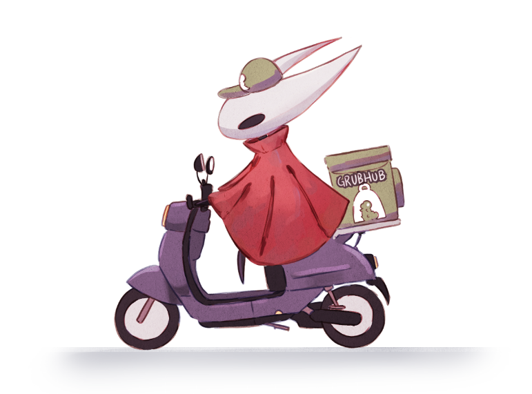 grub (hollow knight), hornet (hollow knight), grubhub, hollow knight, hollow knight: silksong, vespa, 1girl, arthropod girl, baseball cap, cloak, driving, hat, insulated delivery bag, keeby z, motor vehicle, motorcycle, on motorcycle, red cloak, scooter, simple background, solo, white background, white mask