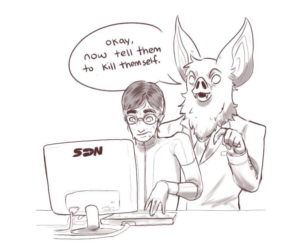 sonar (dispatch), waterboy (dispatch), dispatch, 2boys, animal ears, bat boy, bat ears, bodysuit, computer, computer keyboard, english text, formal clothes, goggles, keeby z, meme, monitor, multiple boys, necktie, ok now type kill yourself loser (meme), suit, sweat, typing, white background