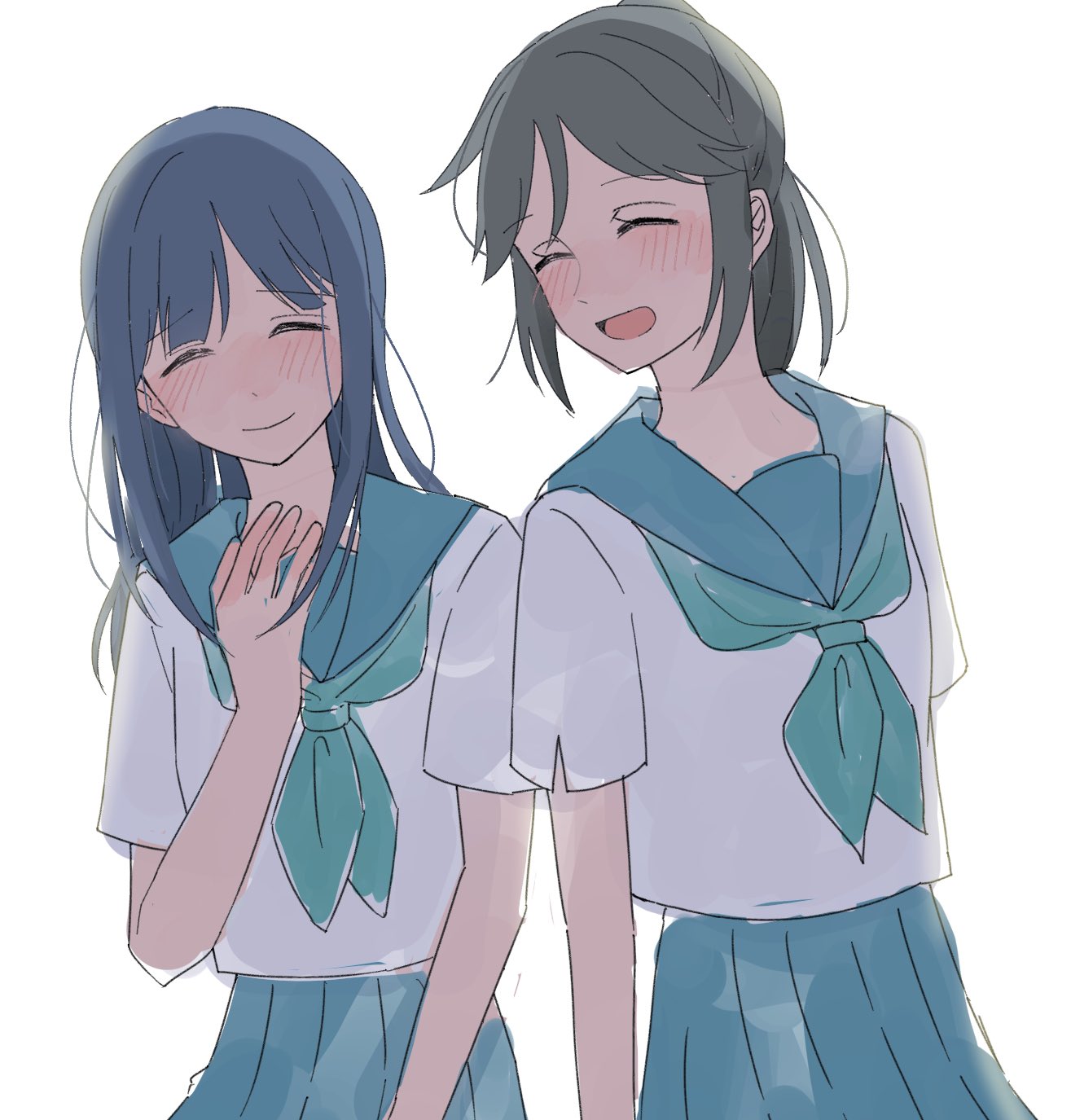 ryokuta, kasaki nozomi, yoroizuka mizore, hibike! euphonium, liz to aoi tori, commentary, highres, 2girls, black hair, blue hair, blue sailor collar, blue skirt, blush, closed eyes, closed mouth, green necktie, kitauji high school uniform, long hair, multiple girls, necktie, open mouth, pleated skirt, ponytail, sailor collar, school uniform, serafuku, shirt, simple background, skirt, smile, white background, white shirt