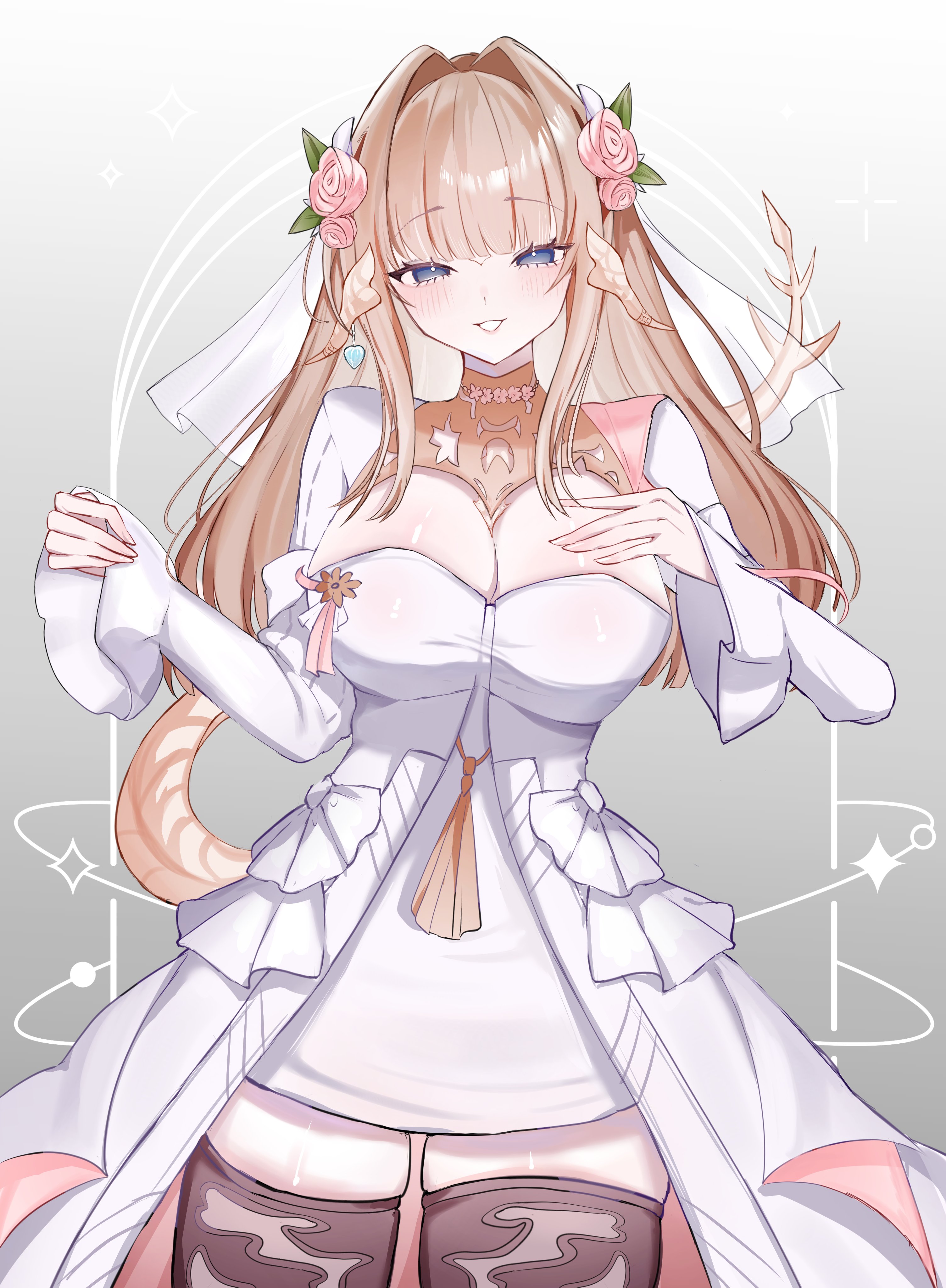 moiti110, warrior of light (ff14), final fantasy, final fantasy xiv, absurdres, commission, highres, vgen commission, 1girl, au ra, black thighhighs, blue eyes, breasts, brown hair, cleavage, dragon girl, dragon horns, dragon tail, dress, flower, hair flower, hair ornament, horns, large breasts, long hair, long sleeves, looking at viewer, solo, tail, thighhighs, veil, white dress