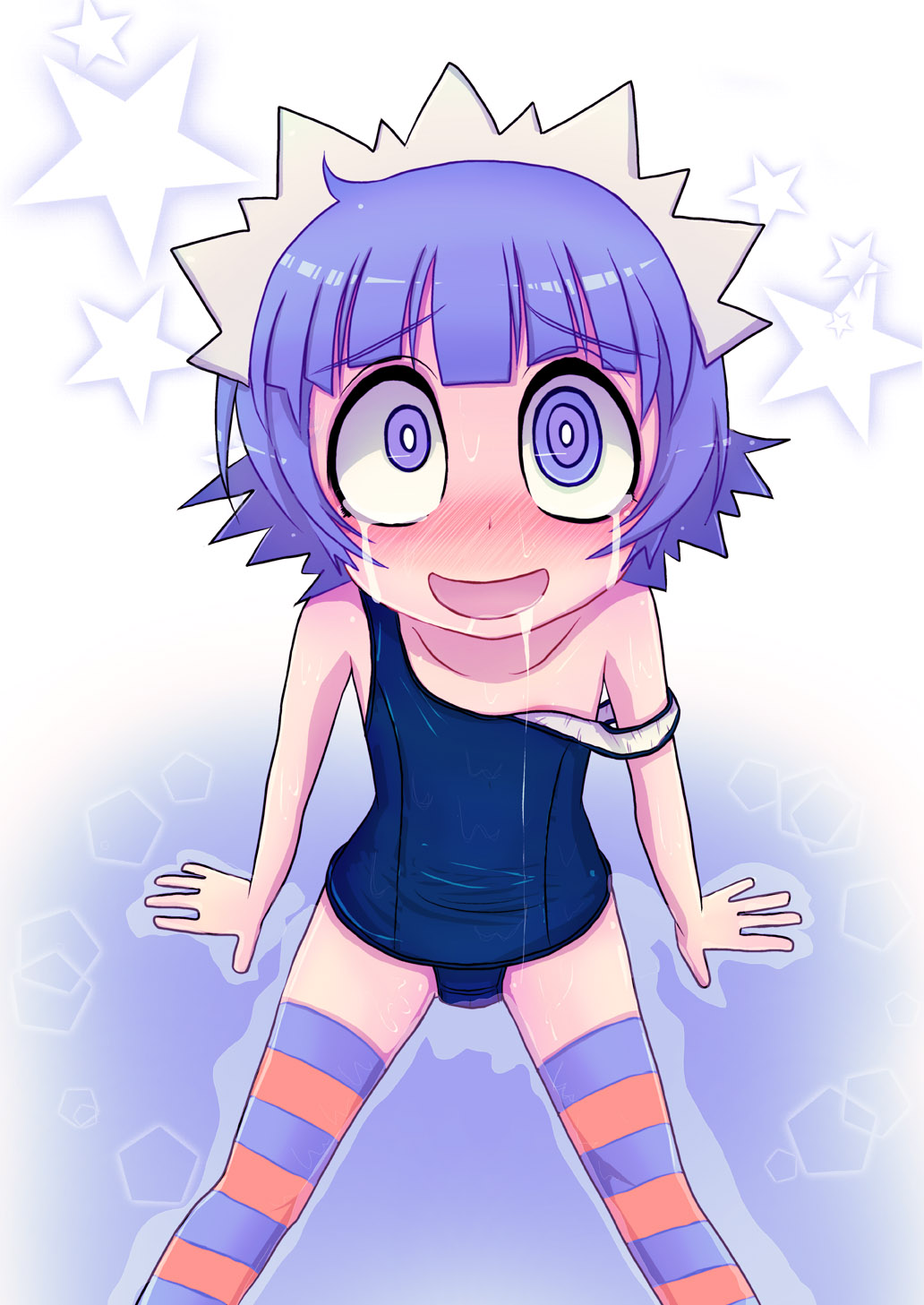 torotei, yakui, futaba channel, nijiura maids, multicolored legwear, highres, 1girl, child, crazy eyes, female focus, maid, off shoulder, one-piece swimsuit, open mouth, purple eyes, purple hair, saliva, school swimsuit, short hair, smile, solo, strap slip, striped clothes, striped thighhighs, swimsuit, tears, thighhighs, wet