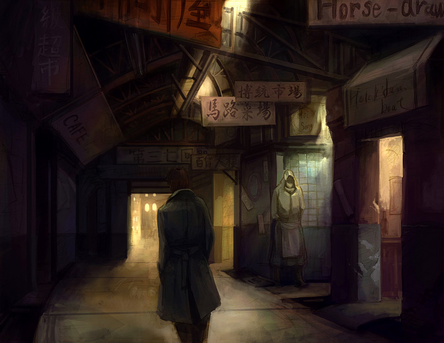 asterisk kome, original, 2boys, dark, hood, multiple boys, scenery, sign, walking