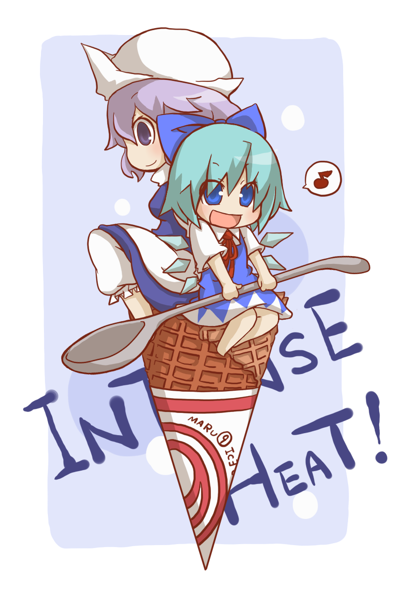 gurageida, cirno, letty whiterock, touhou, highres, 2girls, barefoot, blue eyes, blue hair, bow, chibi, circled 9, food, hat, ice cream, multiple girls, ribbon, short hair, wings