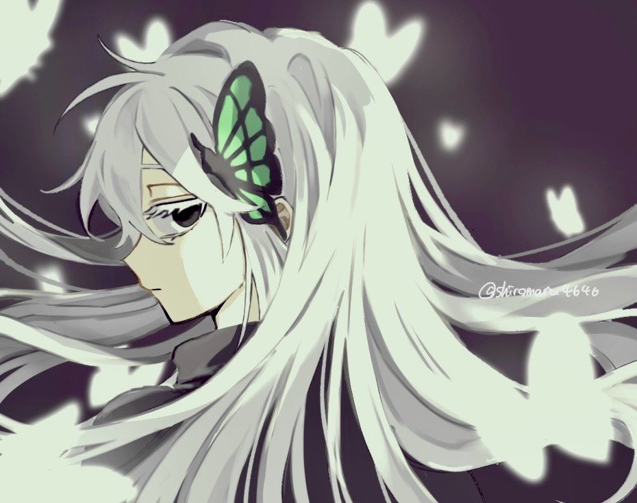 imagine83, echidna (re:zero), re:zero kara hajimeru isekai seikatsu, 1girl, black dress, breasts, bug, butterfly, butterfly hair ornament, closed mouth, colored eyelashes, dress, expressionless, glowing butterfly, green butterfly, hair between eyes, hair ornament, insect, long hair, medium breasts, signature, simple background, solo, solo focus, striped clothes, striped dress, vertical-striped clothes, vertical-striped dress, very long hair, white butterfly, white eyelashes, white hair, witch