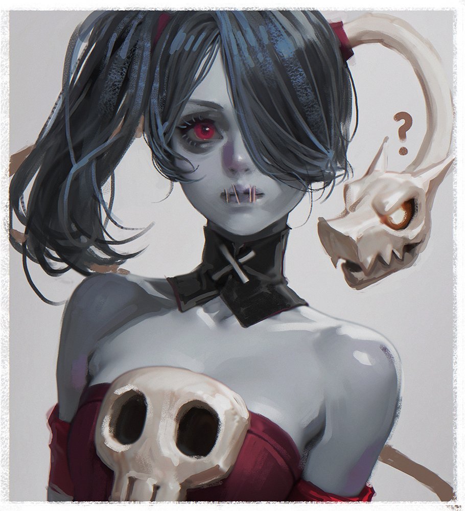 d.k, leviathan (skullgirls), squigly (skullgirls), skullgirls, commentary, english commentary, 1girl, ?, bare shoulders, blue skin, border, collarbone, colored skin, detached collar, grey background, lips, looking to the side, one eye covered, parted bangs, red eyes, red shirt, shirt, skull ornament, stitched mouth, stitches, white border