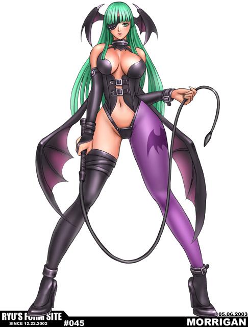 ryu (ryu's form site), morrigan aensland, capcom, darkstalkers, print legwear, 1girl, alternate costume, animal print, asymmetrical clothes, asymmetrical legwear, bat print, bat wings, black pantyhose, black thighhighs, blunt bangs, breasts, bridal gauntlets, cleavage, collar, curvy, demon girl, eyepatch, female focus, full body, green eyes, green hair, head wings, high heels, hip focus, large breasts, legs, long hair, matching hair/eyes, navel, panties, pantyhose, purple pantyhose, revealing clothes, shoes, simple background, single leg pantyhose, solo, standing, strap, thighhighs, underwear, uneven legwear, whip, wide hips, wings