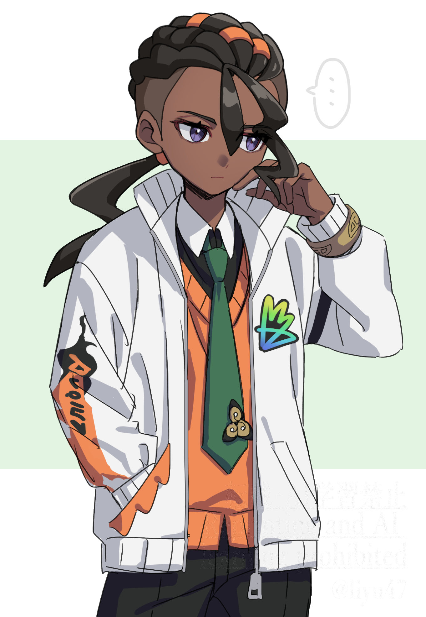 shinae, naveen (pokemon), nintendo, pokemon, pokemon legends: z-a, highres, …, 1boy, black hair, closed mouth, collared shirt, dark-skinned male, dark skin, dreadlocks, green necktie, hand in pocket, jacket, long hair, long sleeves, male focus, mega ring, necktie, open clothes, open jacket, orange sweater vest, orange vest, pants, purple eyes, shirt, speech bubble, spoken ellipsis, sweater vest, vest, white jacket