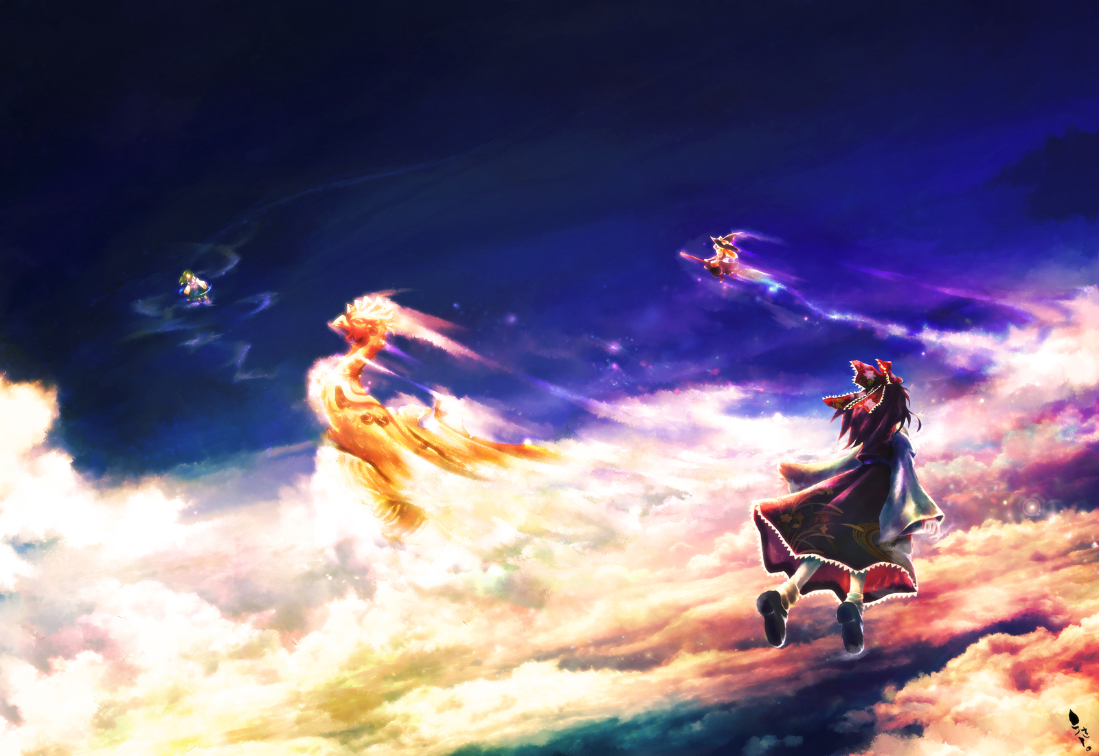 muuki, ukihashi, ukihashi kei, hakurei reimu, kirisame marisa, kochiya sanae, touhou, bad id, bad pixiv id, highres, 3girls, blonde hair, cloud, female focus, flying, multiple girls, palanquin ship, scenery, ship, signature, sky, watercraft