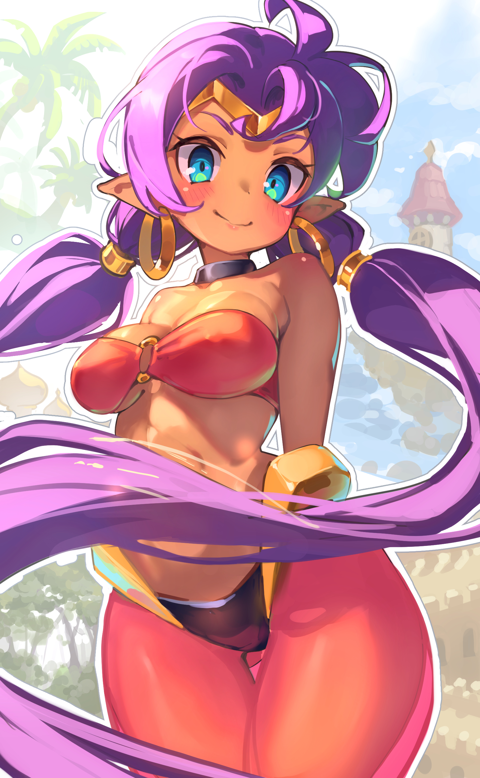 life is pi, shantae, shantae (series), absurdres, highres, 1girl, arabian clothes, bandeau, bare shoulders, blue eyes, blush, breasts, choker, closed mouth, collarbone, dancer, dark-skinned female, dark skin, earrings, harem outfit, harem pants, hoop earrings, jewelry, large breasts, long hair, looking at viewer, o-ring, o-ring top, pants, pointy ears, purple hair, red bandeau, smile, solo, stomach, tiara, twintails, very long hair