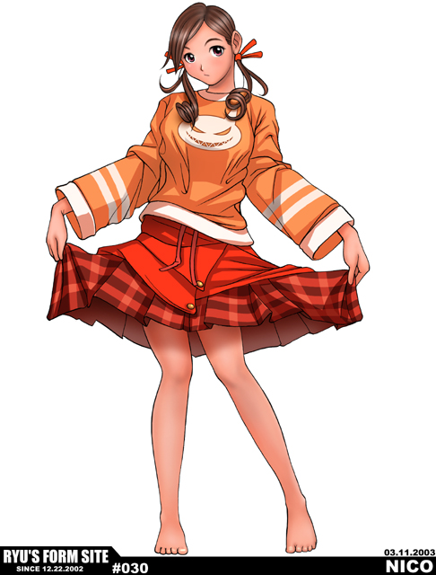 ryu (ryu's form site), nico, original, 1girl, barefoot, brown hair, curtsey, female focus, full body, legs, skirt, skirt hold, solo, twintails, white background