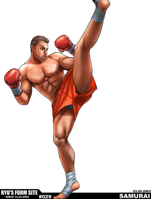 ryu (ryu's form site), 00s, 1boy, 2003, abs, bandages, beard, boxing, boxing gloves, brown hair, facial hair, kicking, male focus, muscular, shorts, solo